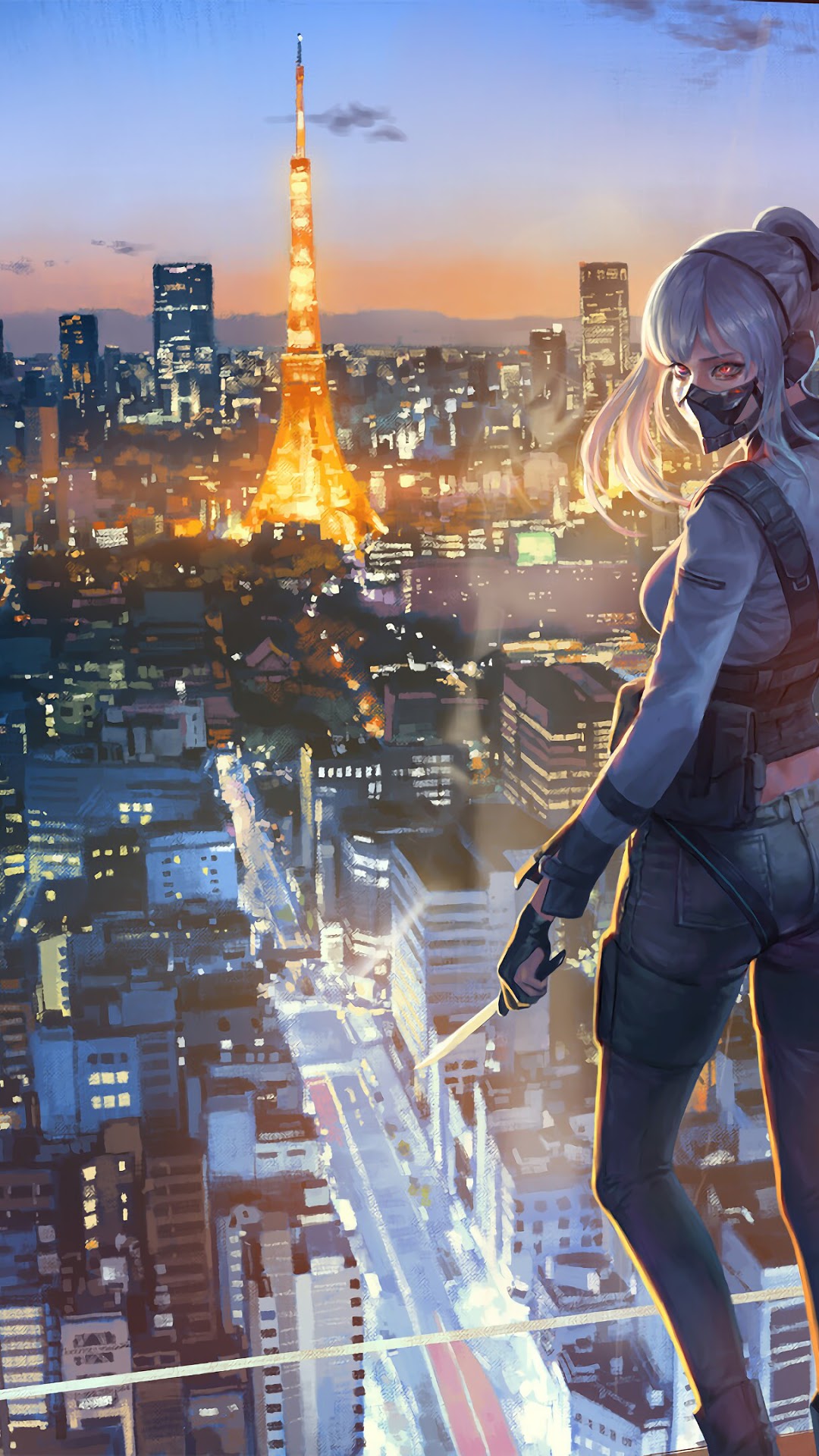 Anime girl with mask overlooking Tokyo cityscape HD Phone Wallpaper