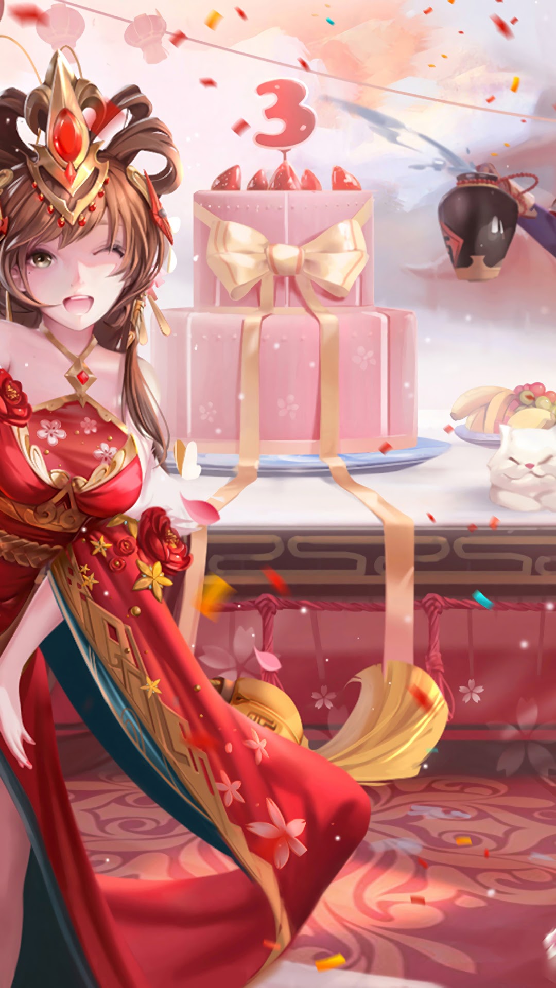 Anime girl in red dress with birthday cake HD Phone Wallpaper