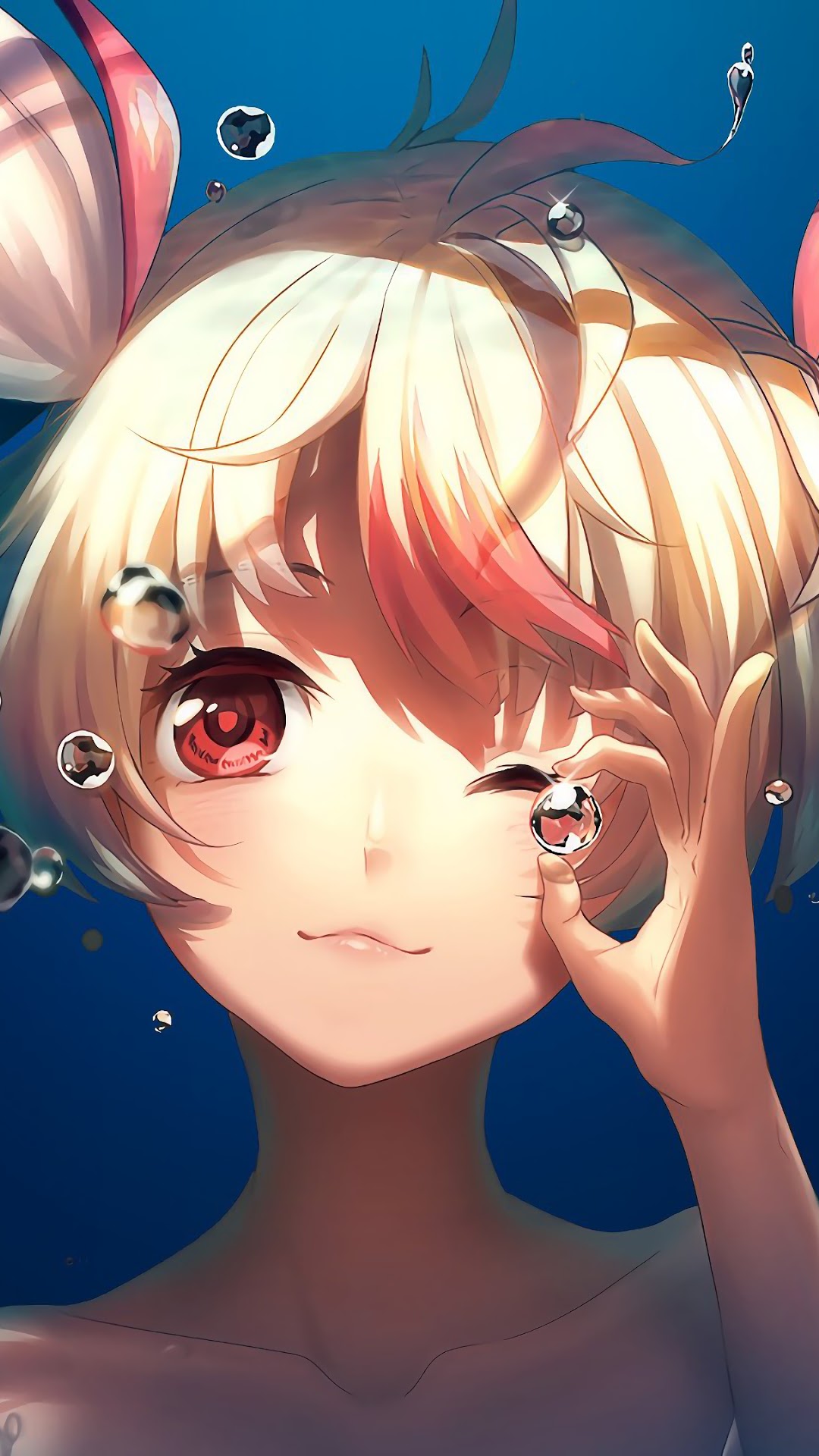 Anime girl with blonde hair and red eyes underwater HD Phone Wallpaper
