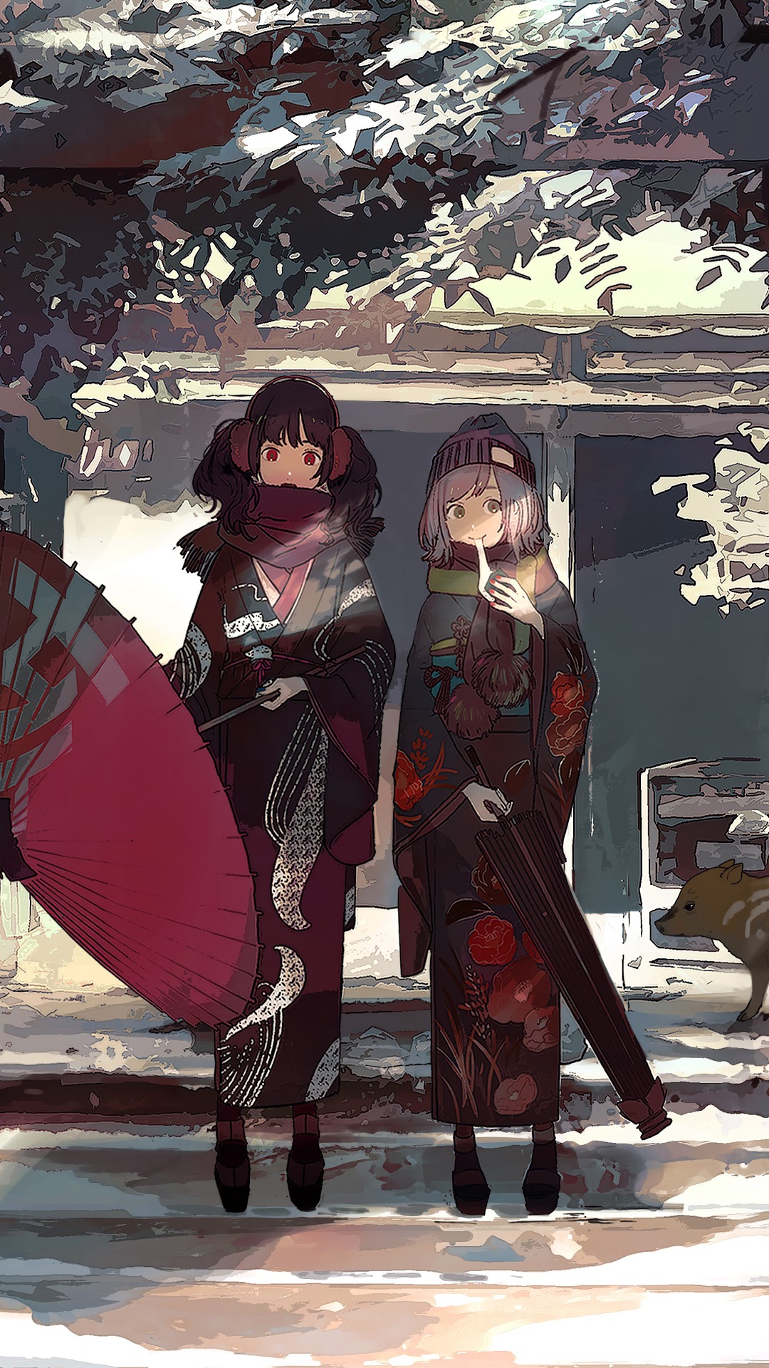 Two girls in kimonos with umbrellas in winter HD Phone Wallpaper