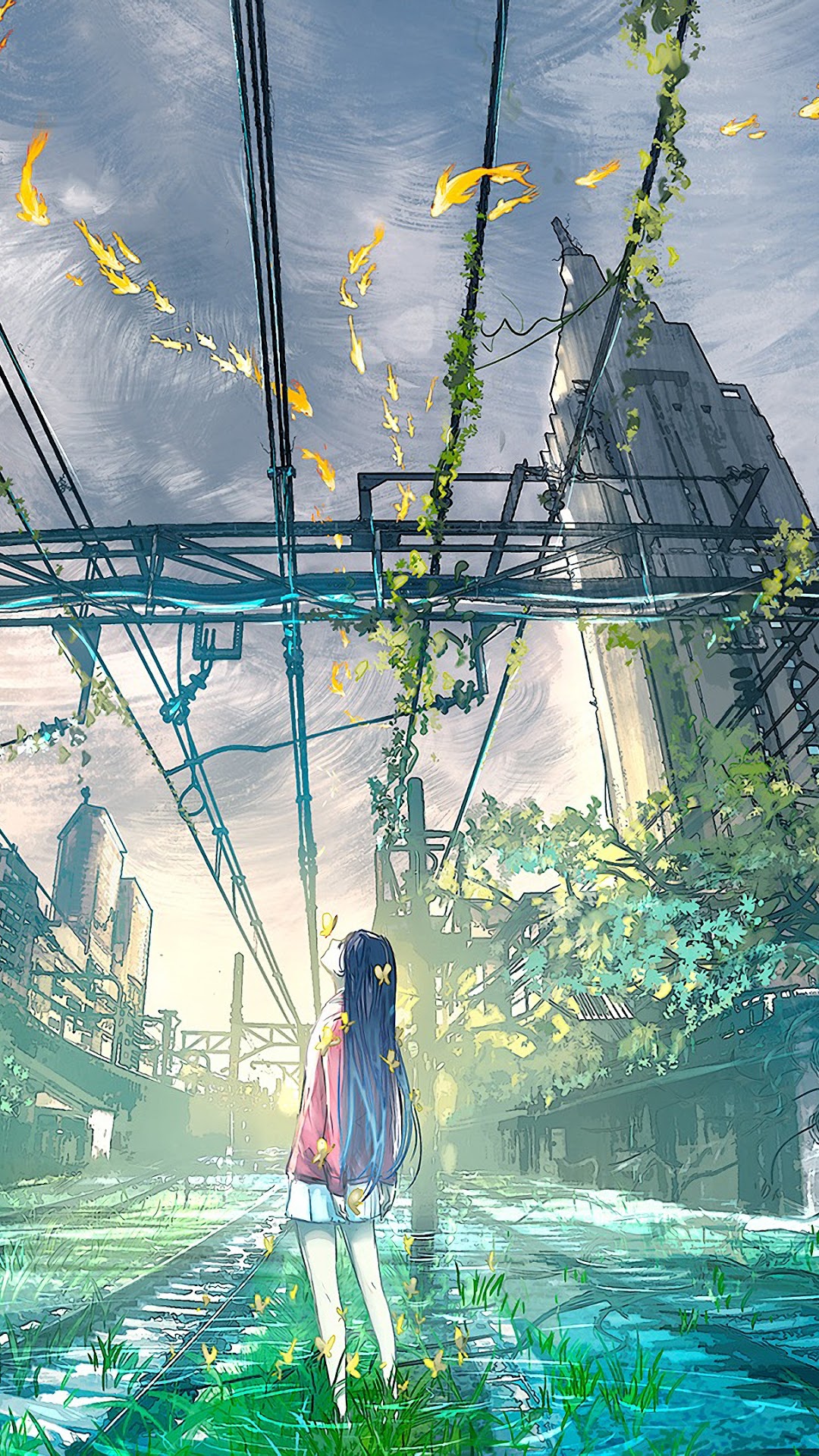Anime girl standing on train tracks with overgrown buildings HD Phone Wallpaper