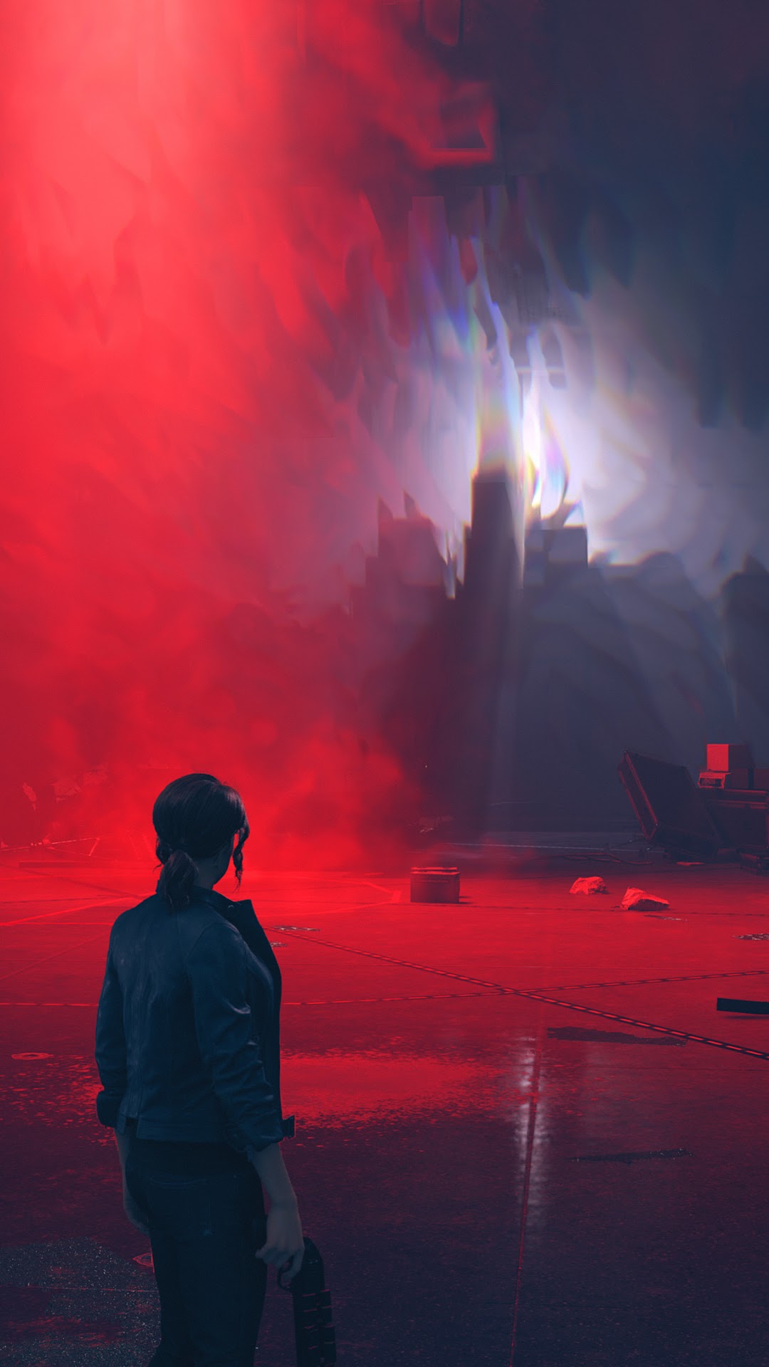 Jesse Faden from Control in a red-lit environment HD Phone Wallpaper