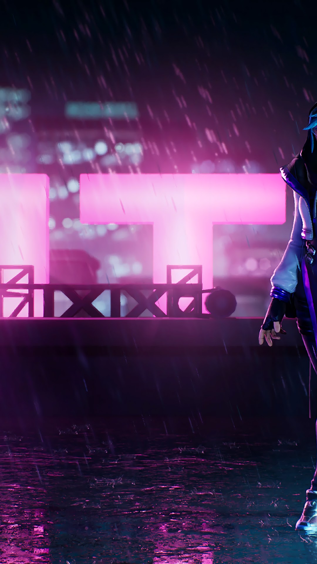 Character from Fortnite standing on a rooftop in the rain HD Phone Wallpaper