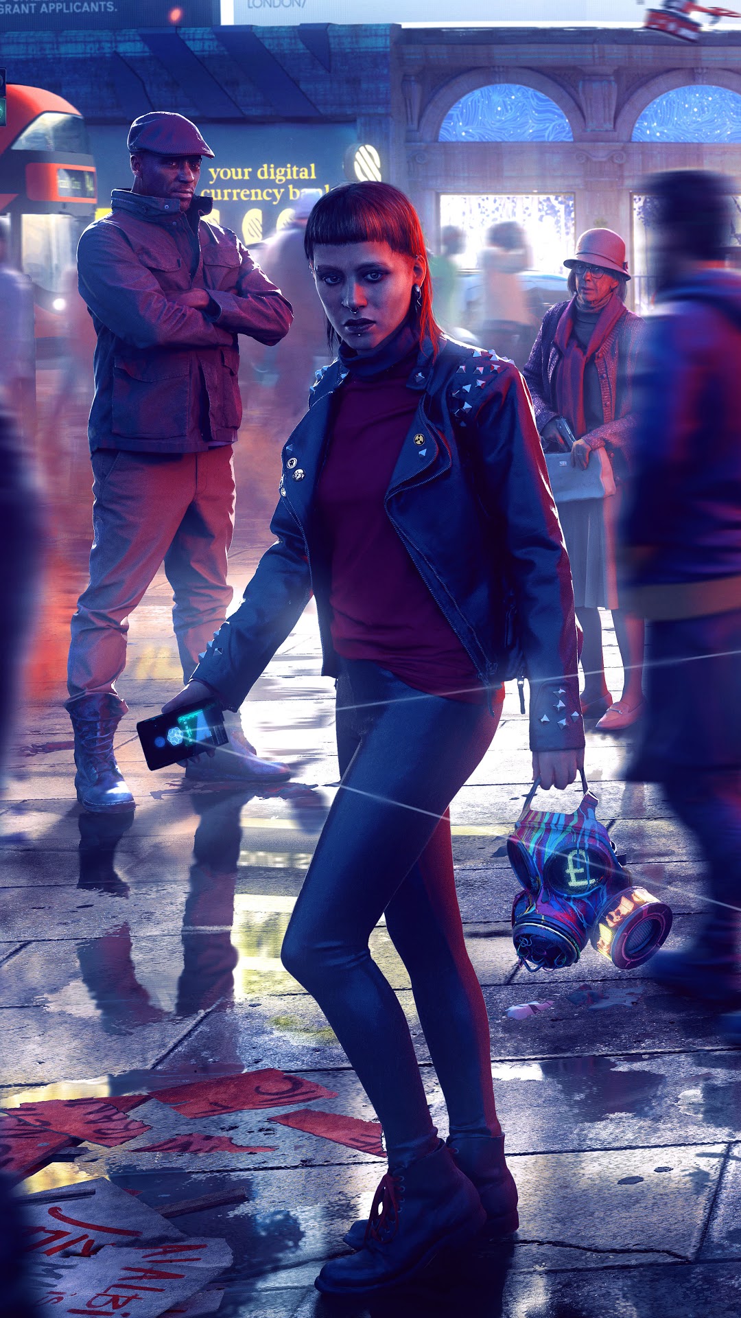 Woman with gas mask and phone in Watch Dogs Legion HD Phone Wallpaper
