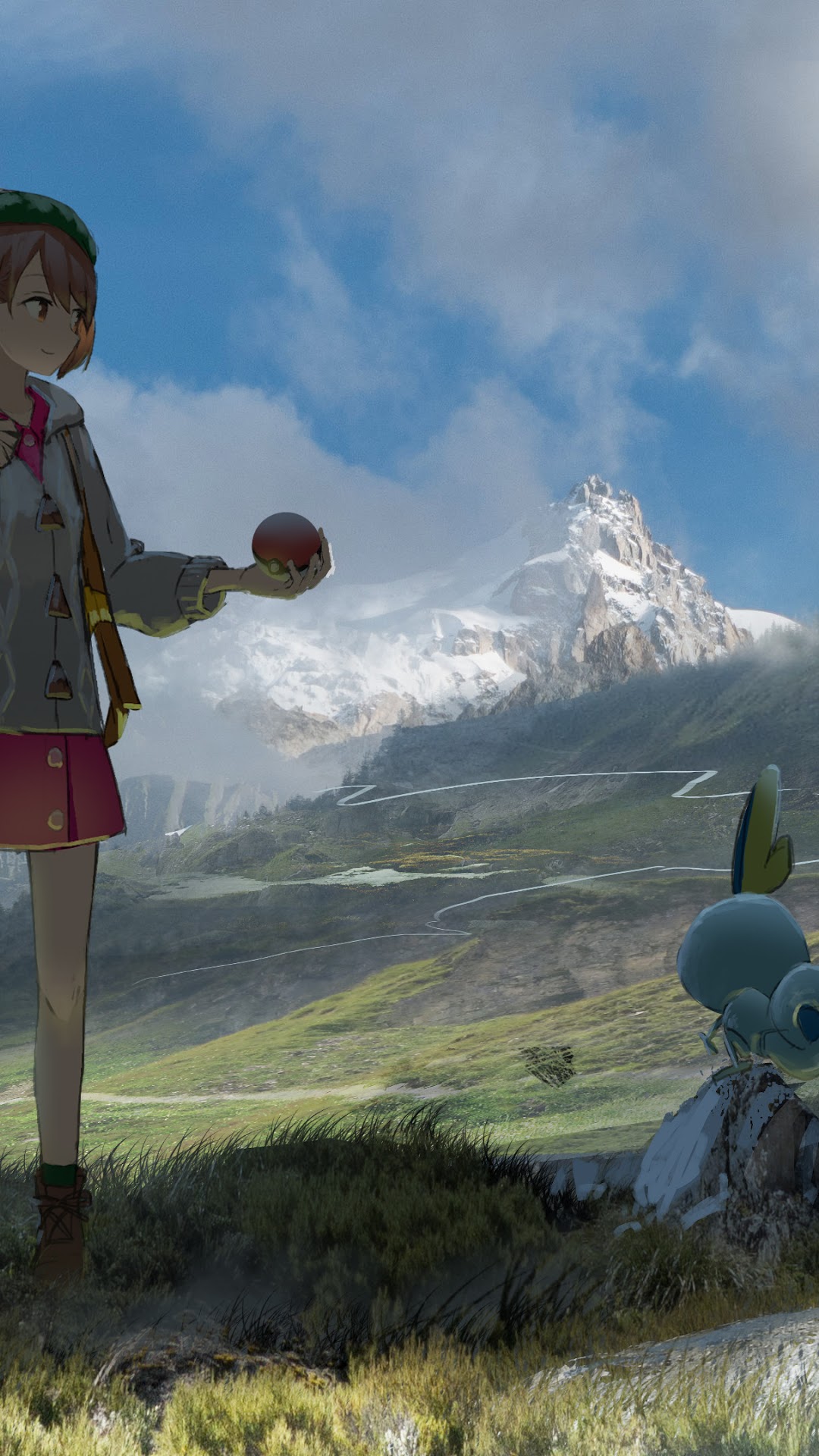 Female Pokemon Trainer with Sobble in front of mountains HD Phone Wallpaper