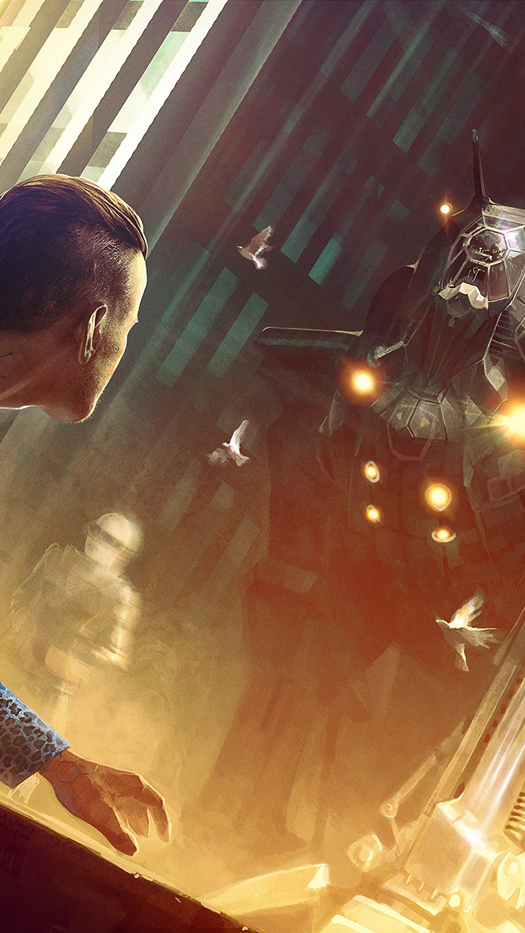 Man looking at a giant robot with birds flying HD Phone Wallpaper
