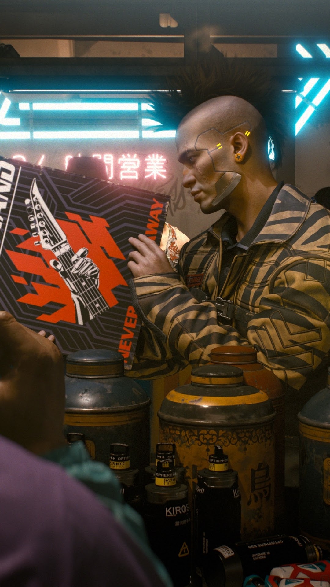 Man holding a poster in Cyberpunk 2077 HD Phone Wallpaper