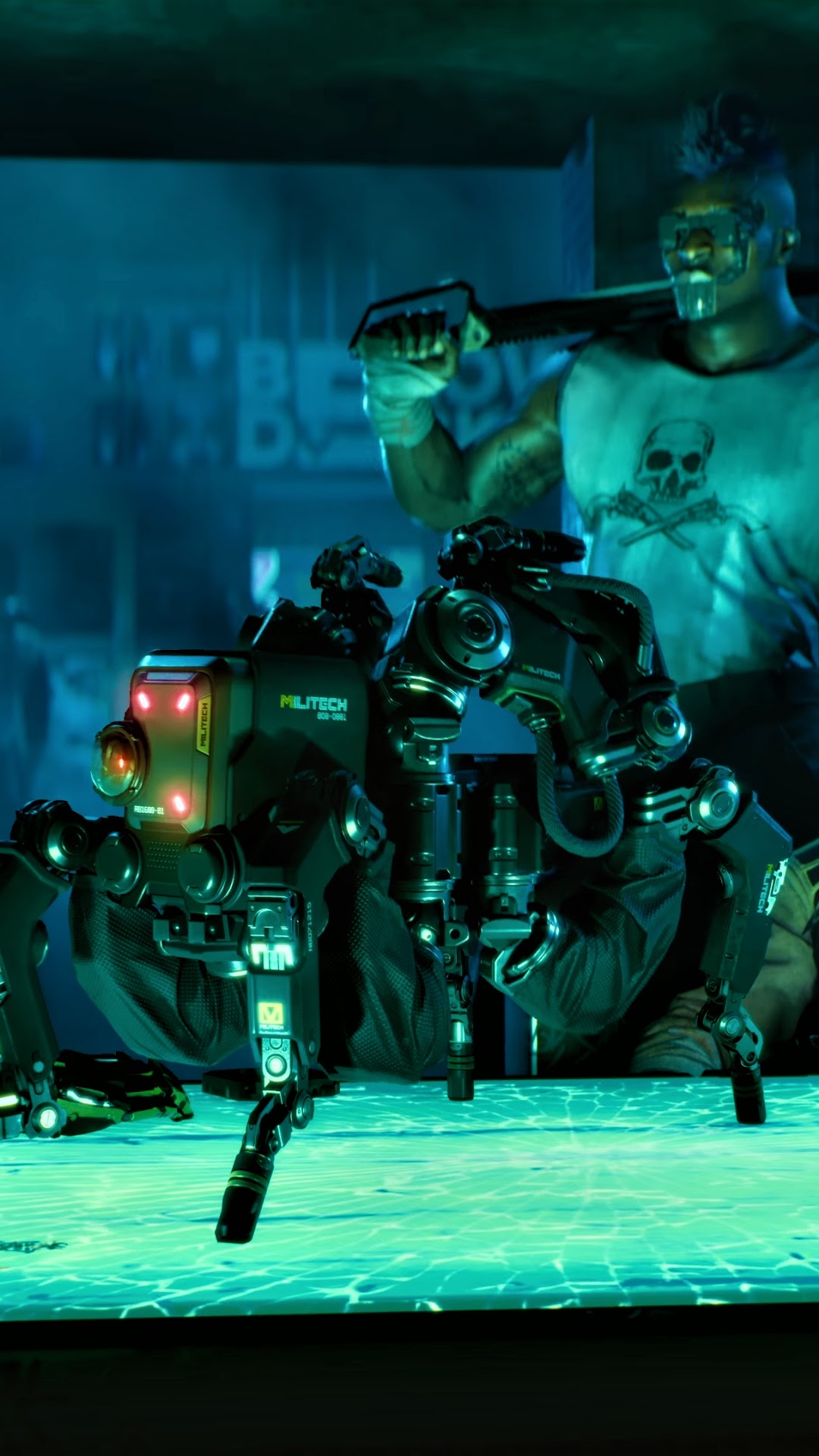 Militech robot and man in Cyberpunk 2077 HD Phone Wallpaper