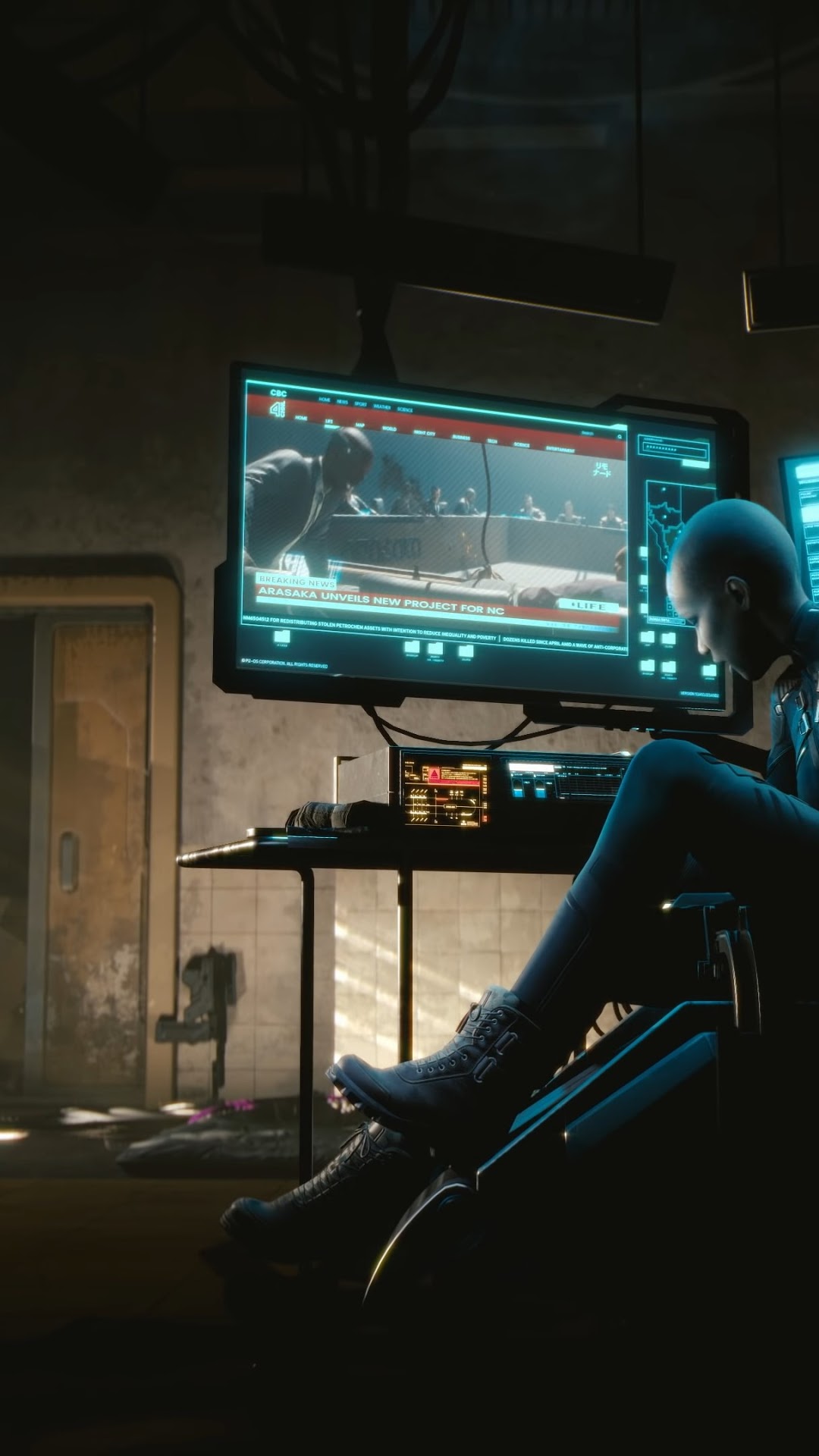 Cyberpunk 2077 character watching screen HD Phone Wallpaper