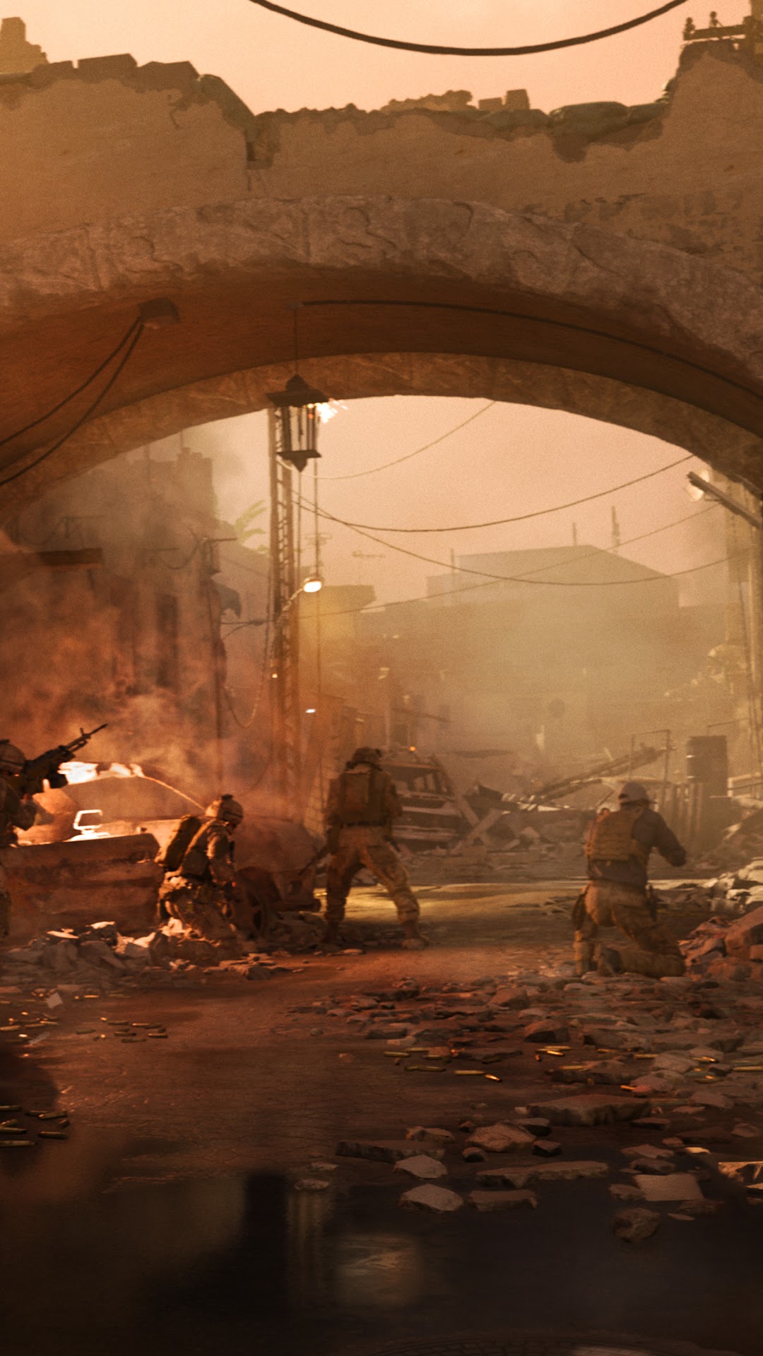 Soldiers in a destroyed city street in Call of Duty: Modern Warfare HD Phone Wallpaper