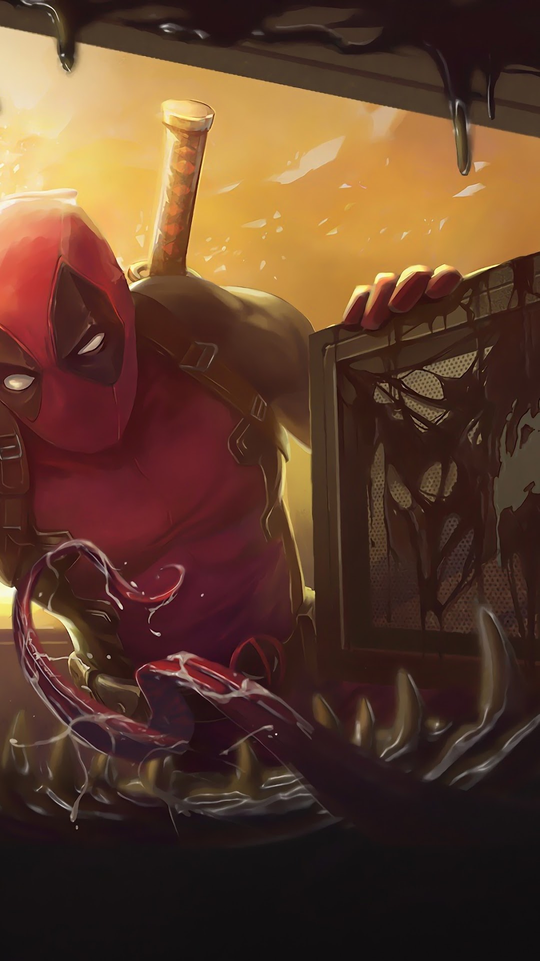 Deadpool holding a computer case with black goo HD Phone Wallpaper