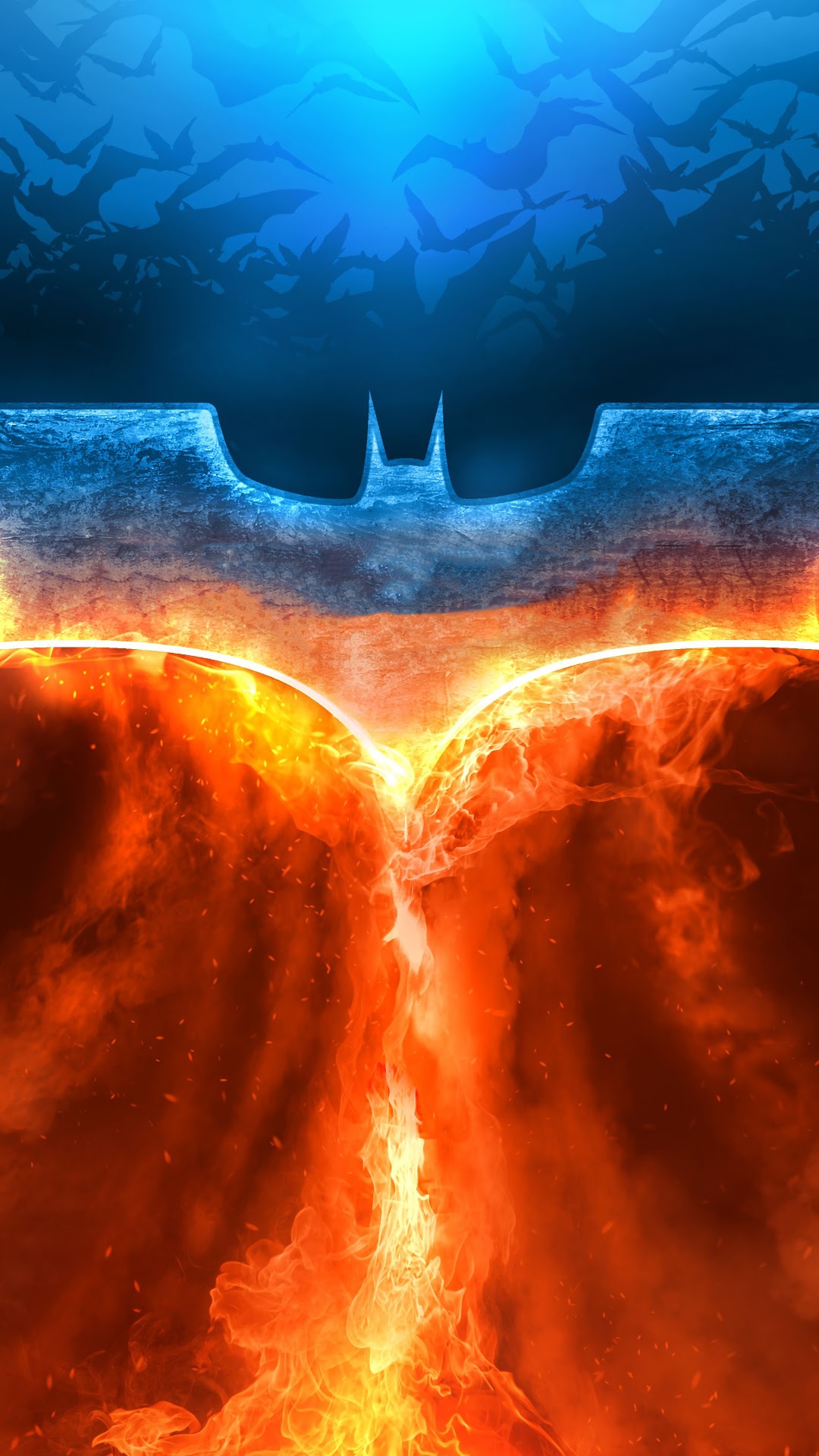 Batman Logo with Fire and Bats HD Phone Wallpaper