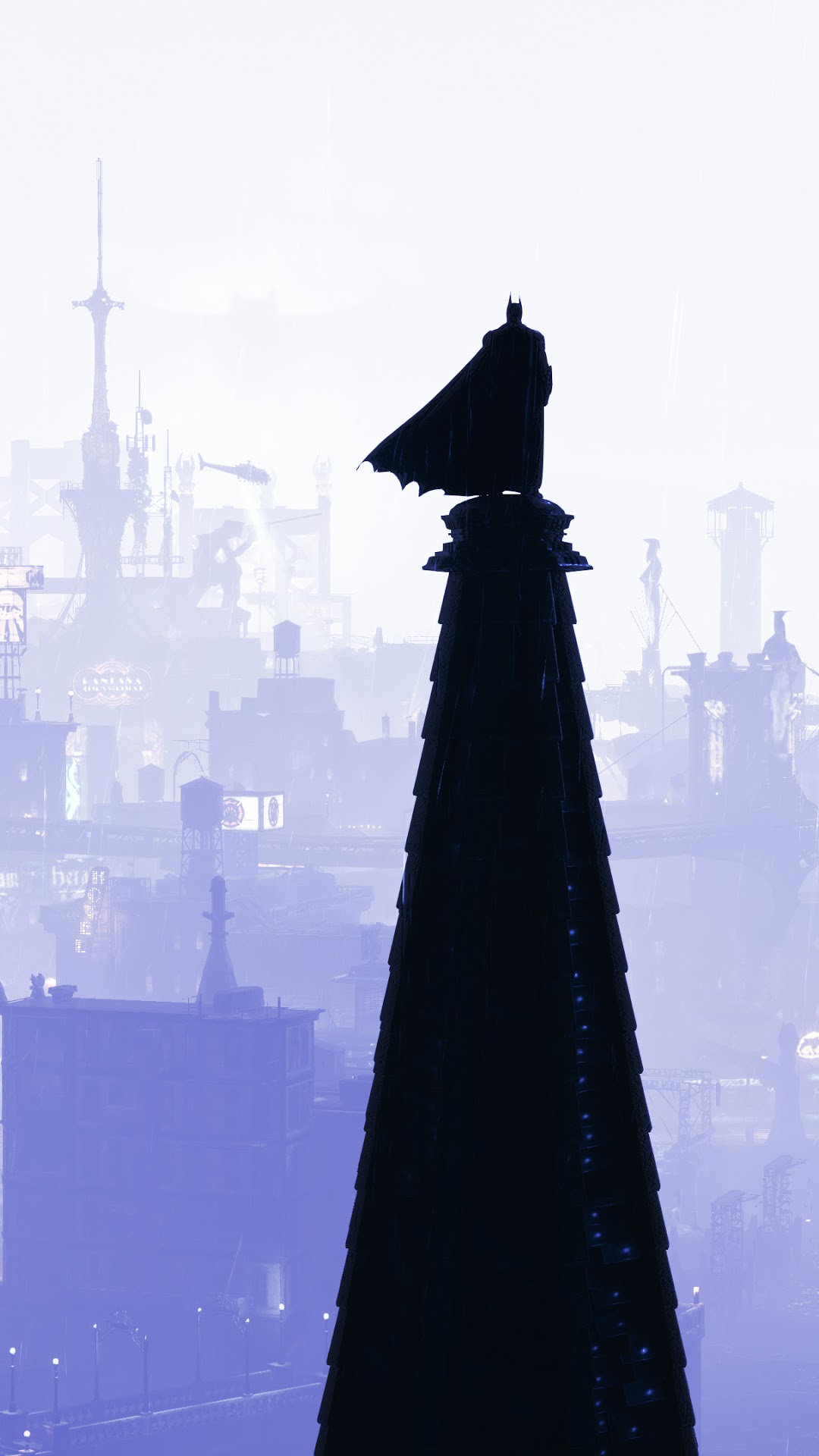 Batman standing on a spire overlooking Gotham City HD Phone Wallpaper