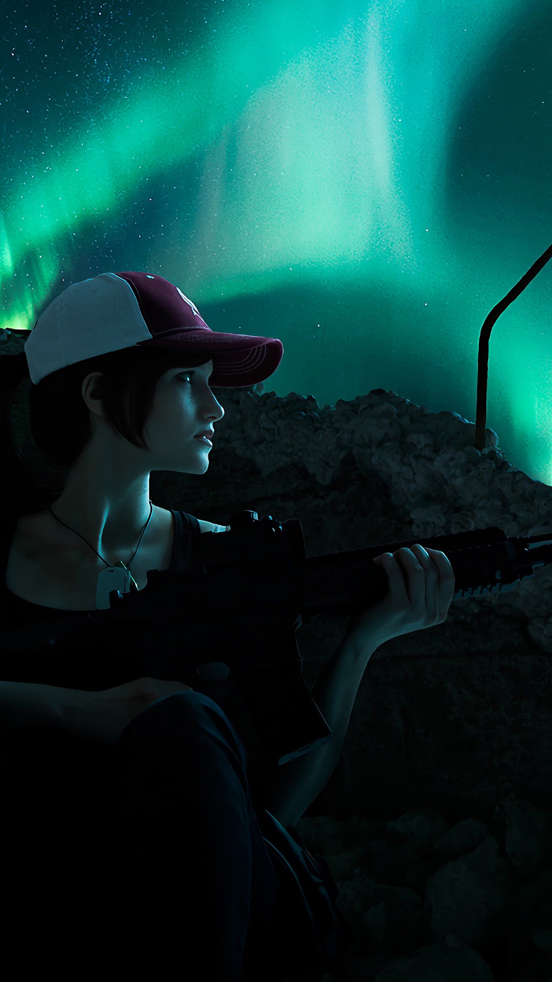 Girl with rifle under aurora borealis HD Phone Wallpaper