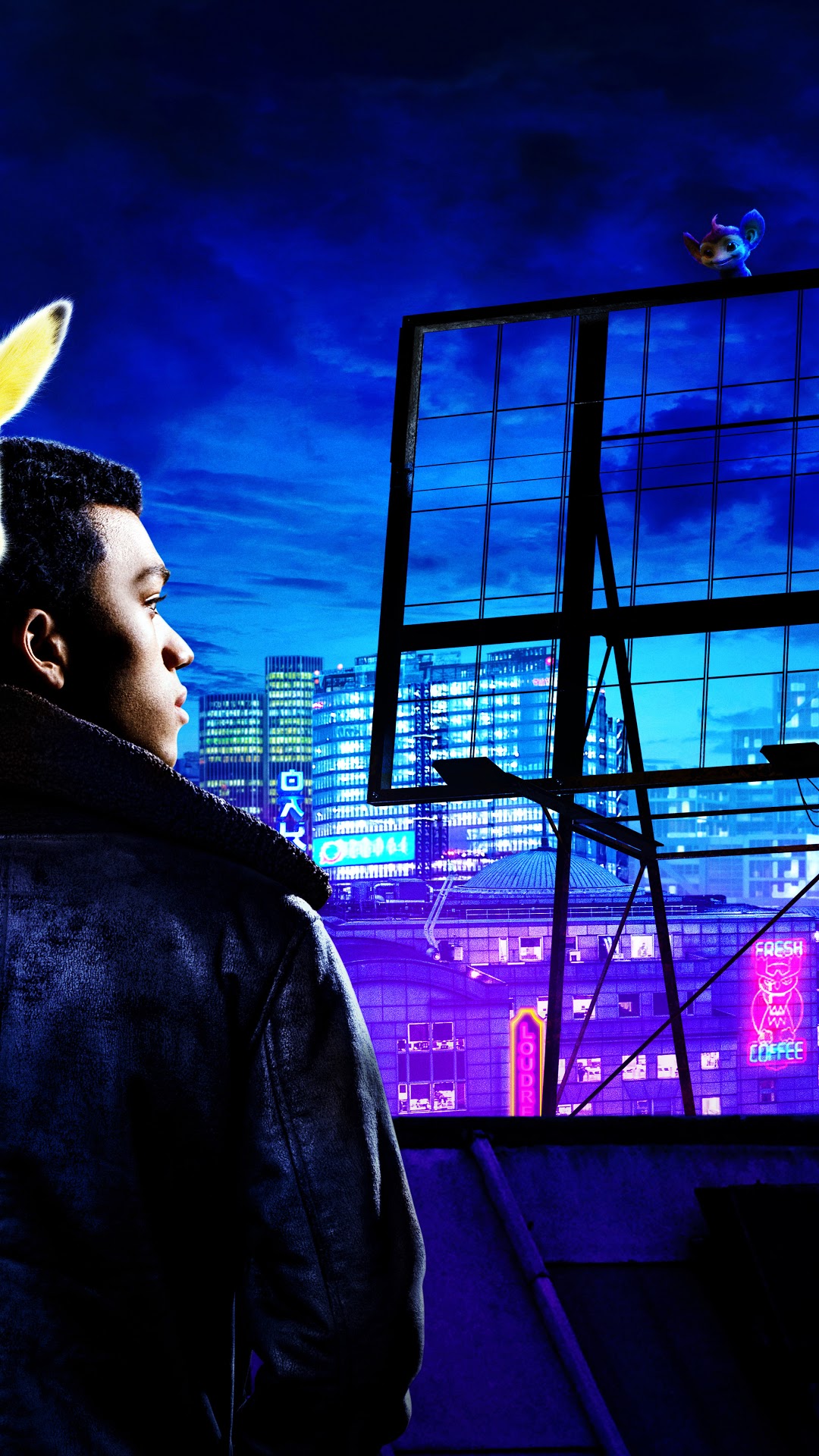 Detective Pikachu and Tim Goodman overlooking a city HD Phone Wallpaper