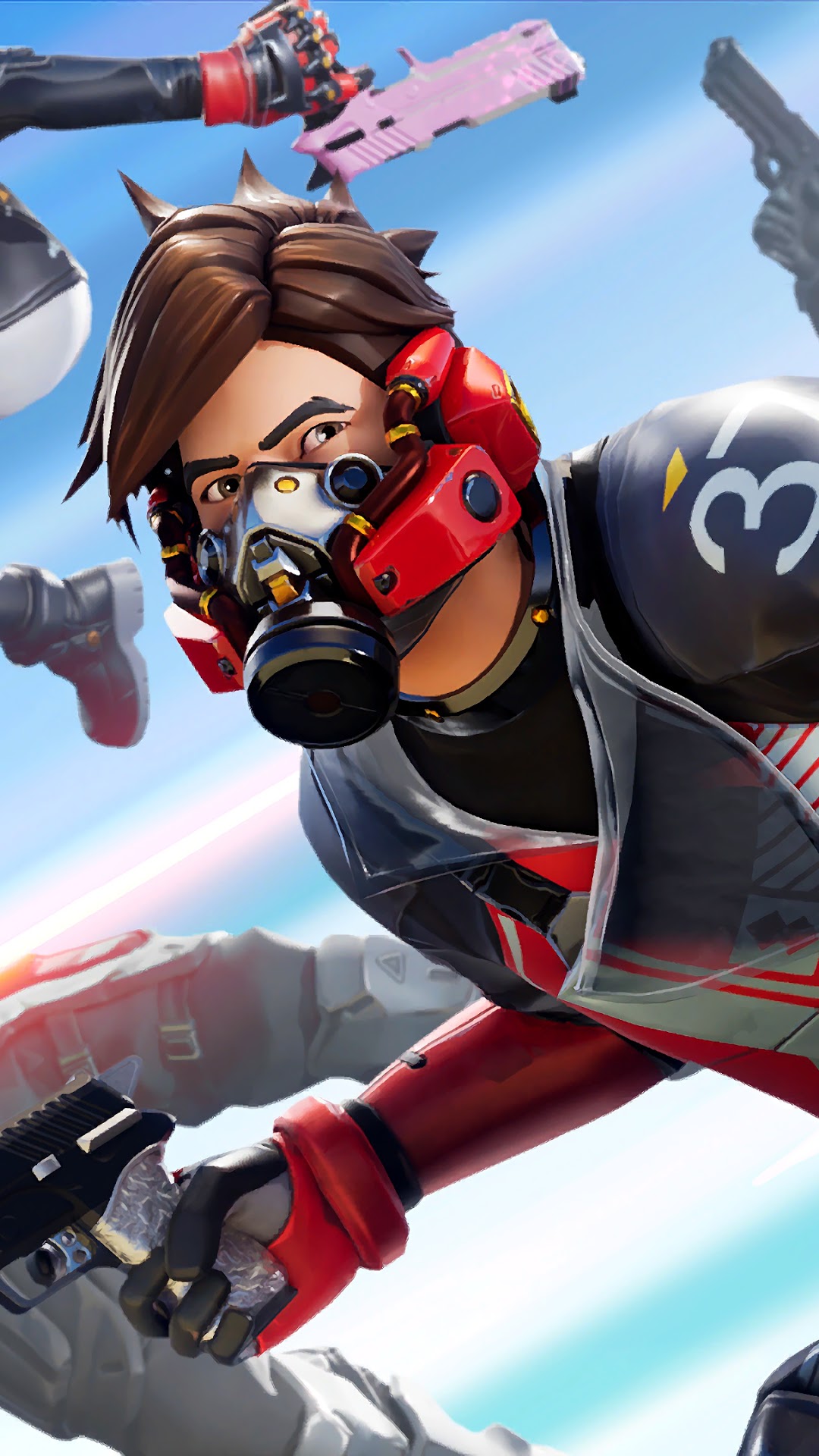 Fortnite character with gas mask and guns HD Phone Wallpaper