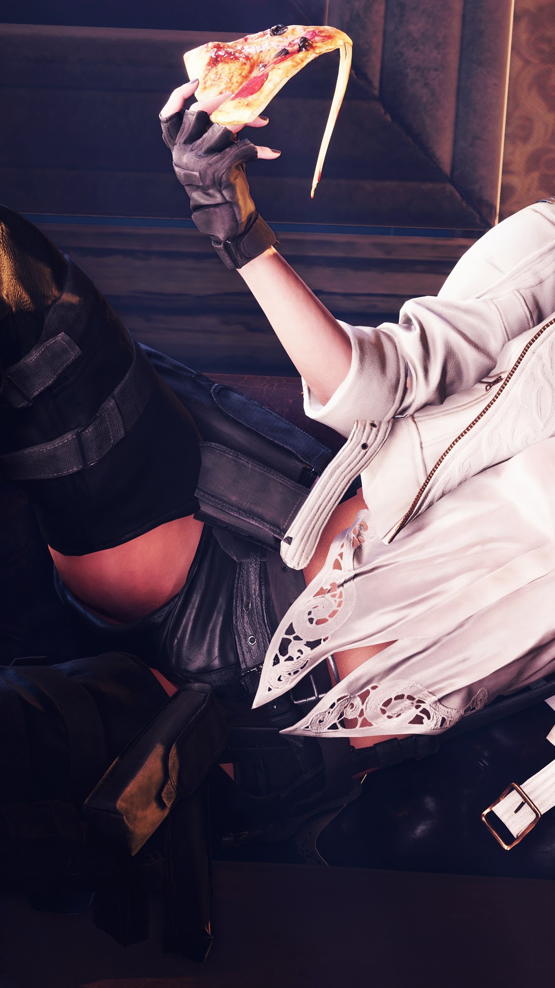 Devil May Cry 5 Lady Eating Pizza HD Phone Wallpaper