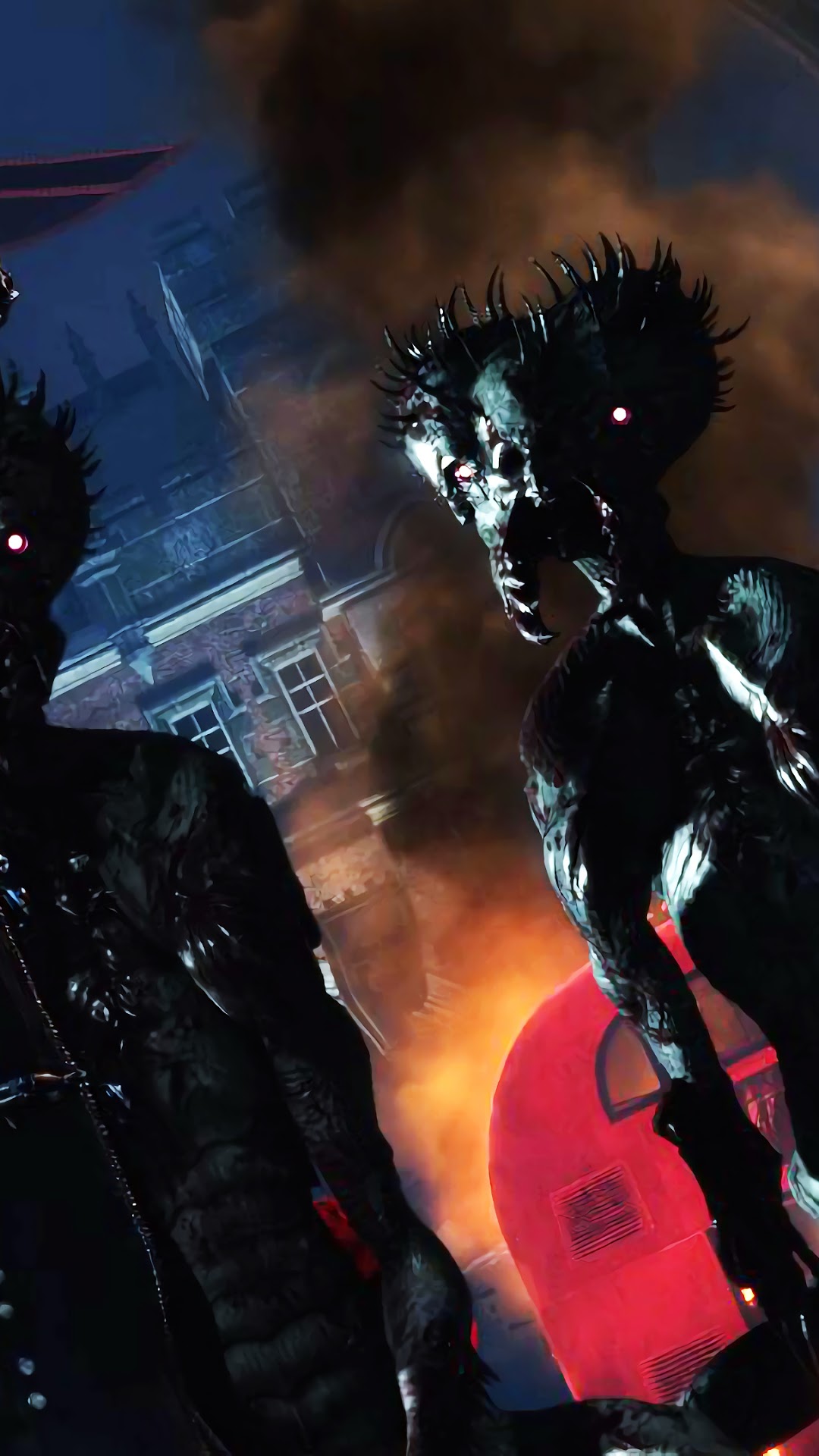 Demons in front of a building HD Phone Wallpaper
