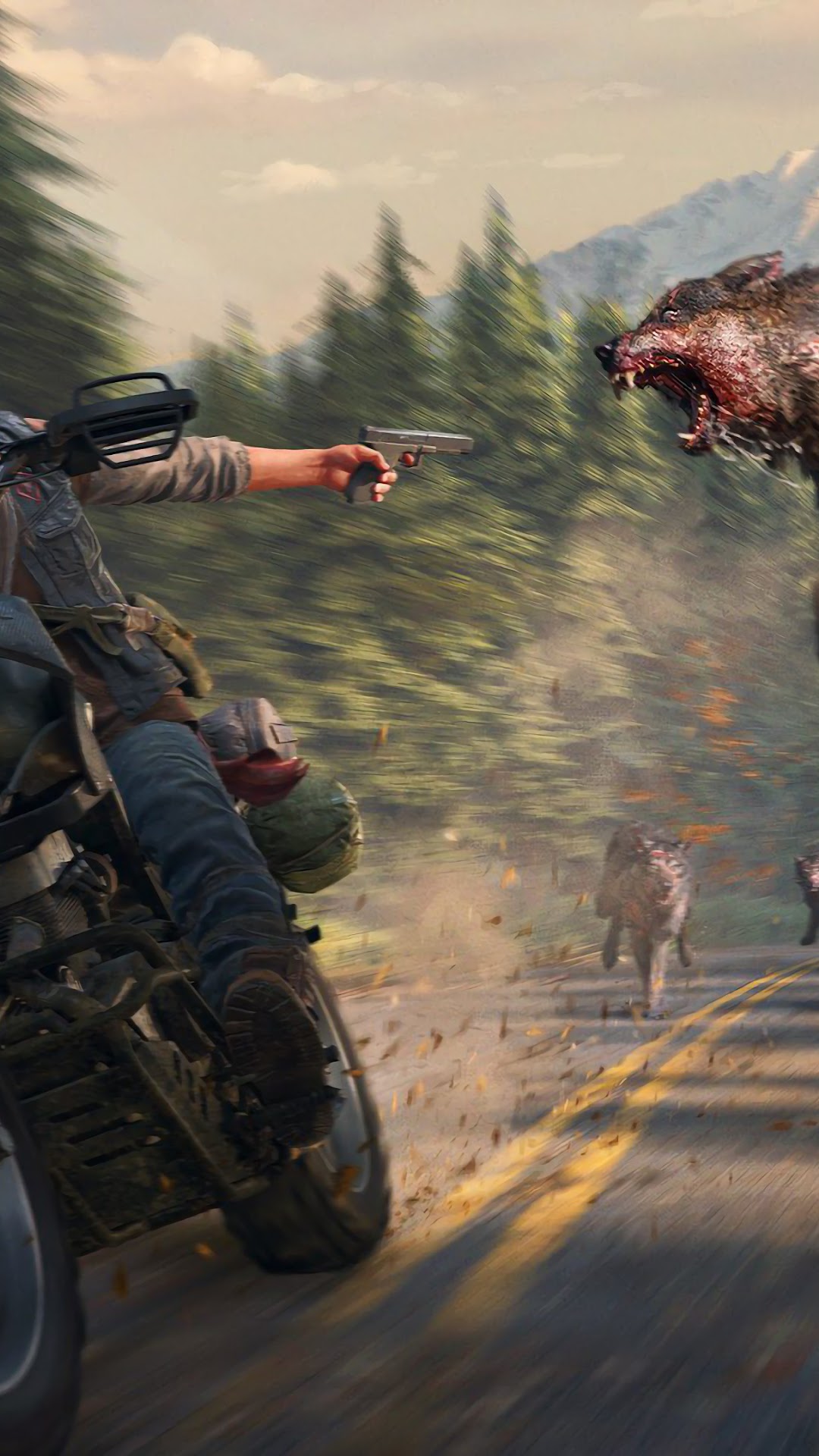 Deacon St. John from Days Gone fighting wolves on a motorcycle HD Phone Wallpaper