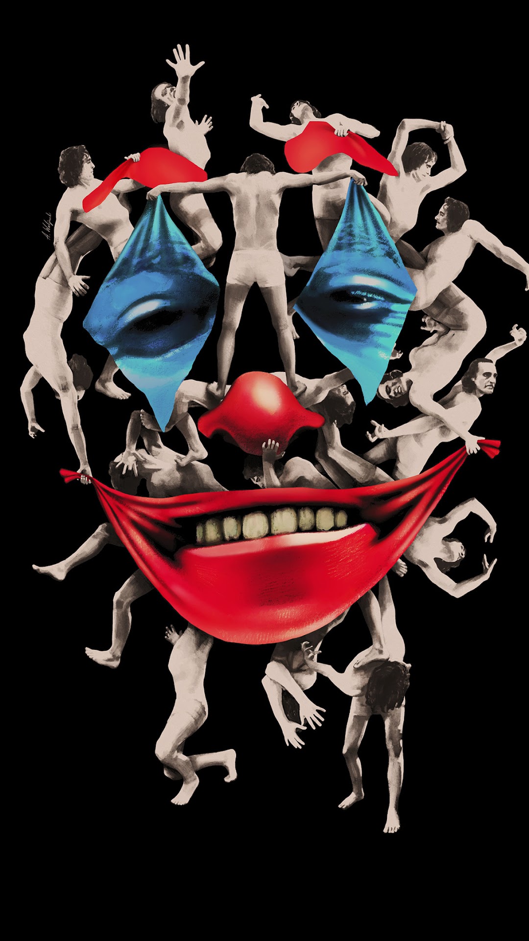 Collage of figures forming a clown face HD Phone Wallpaper