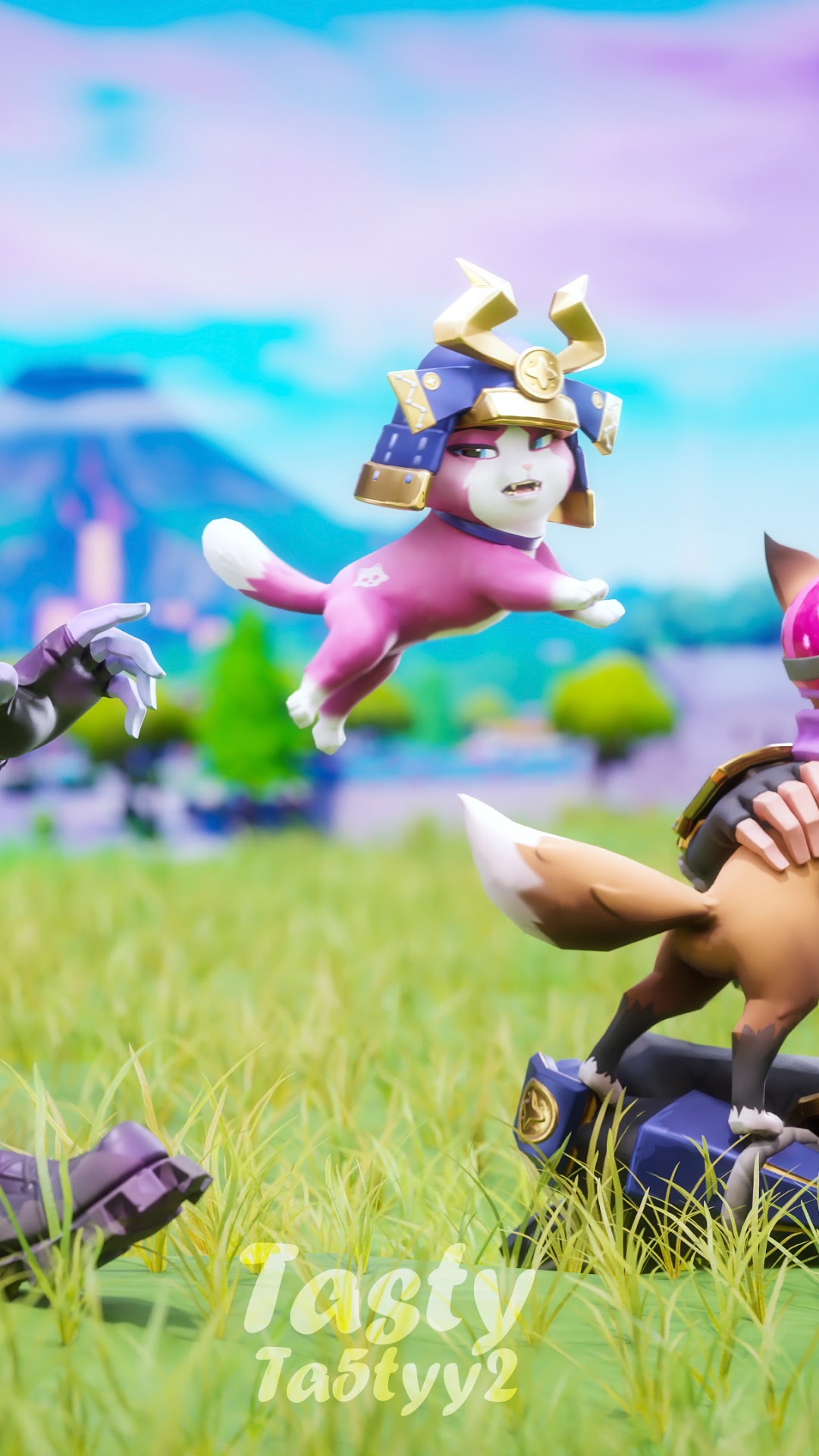 Fortnite cat character in samurai armor jumping HD Phone Wallpaper