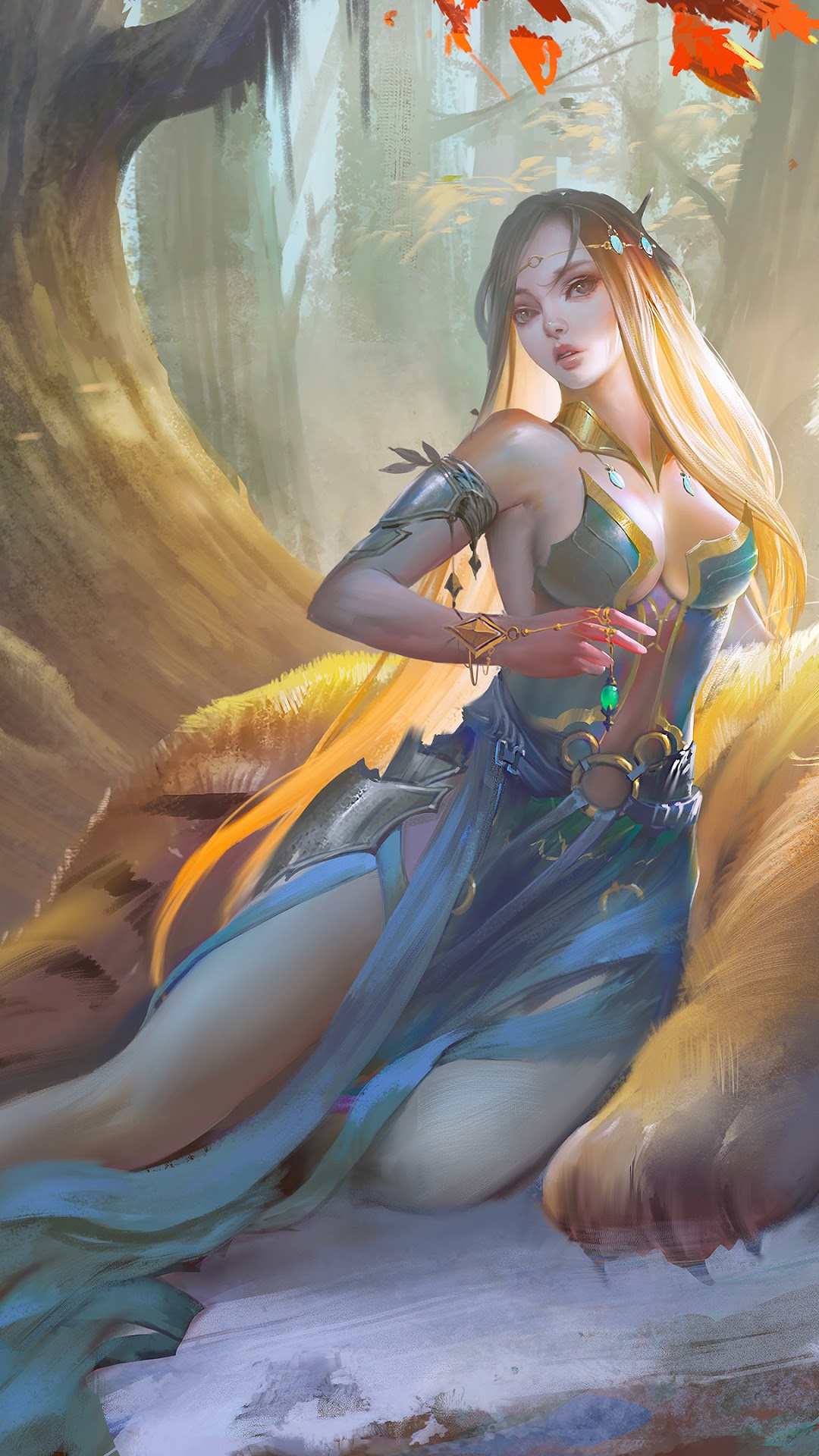 Fantasy girl with blonde hair in a blue dress in a forest HD Phone Wallpaper