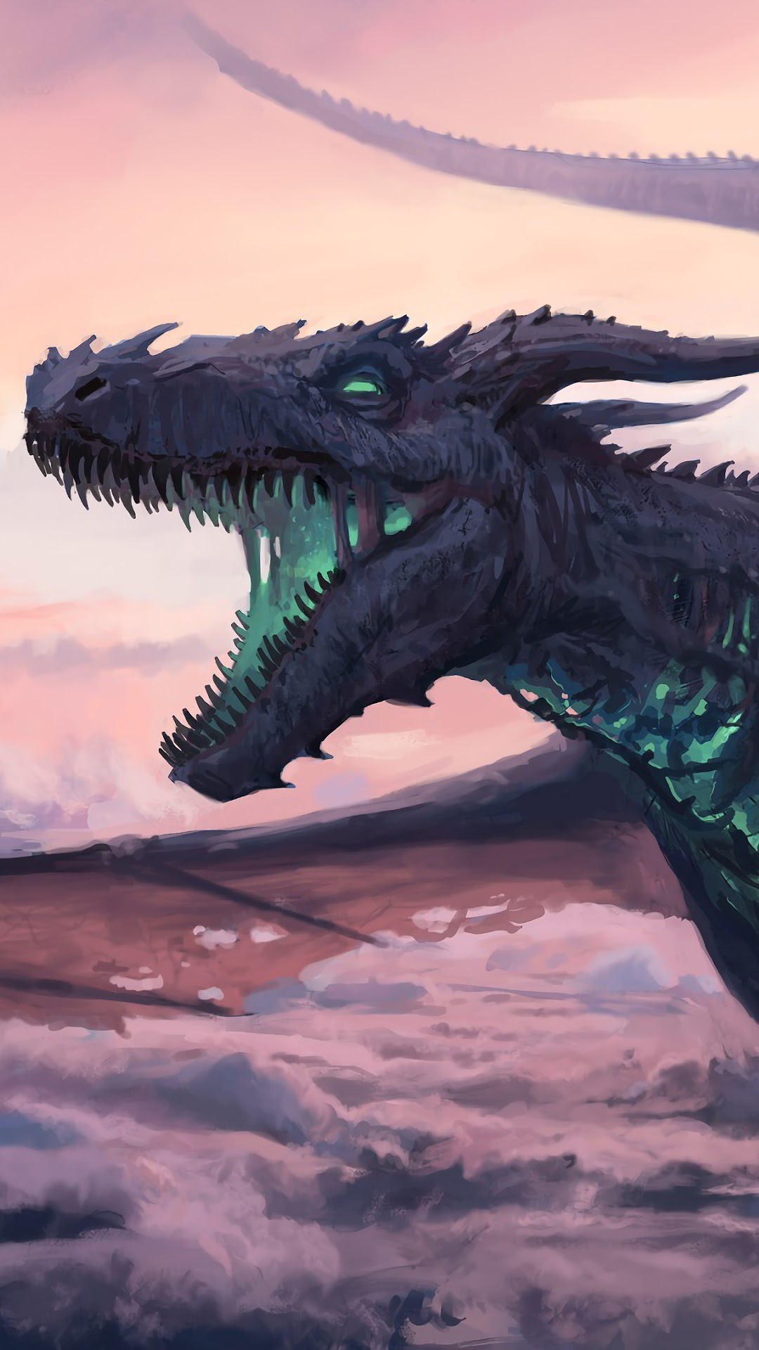 Dragon flying through clouds at sunset HD Phone Wallpaper
