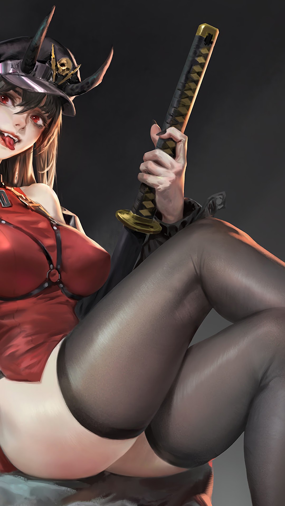 Demon girl with katana and horns HD Phone Wallpaper
