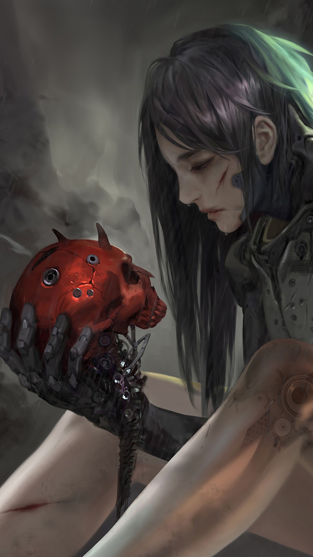 Girl holding a mechanical skull with a sword HD Phone Wallpaper