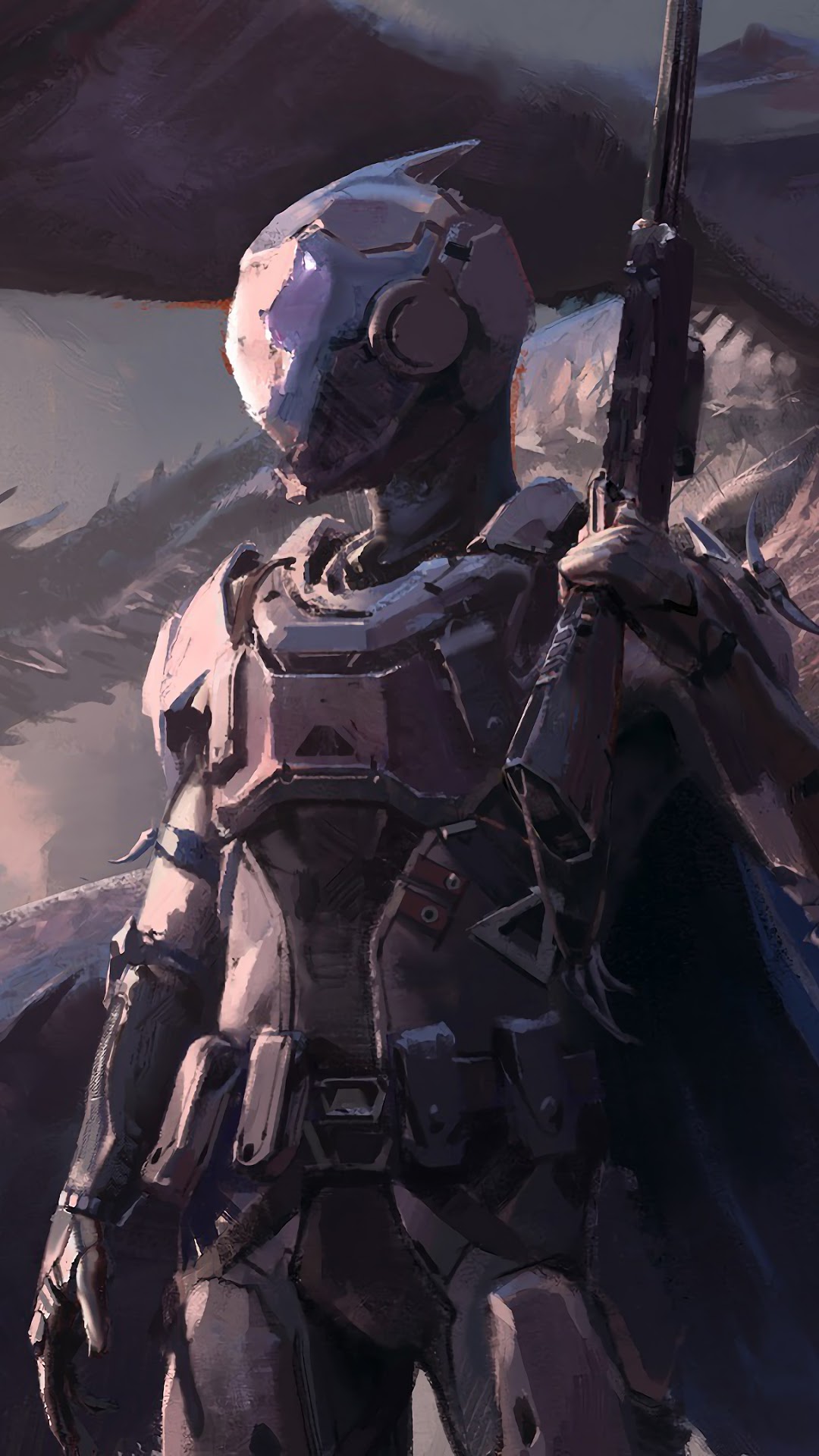 Sci-Fi Soldier with Rifle and Dragon Background HD Phone Wallpaper