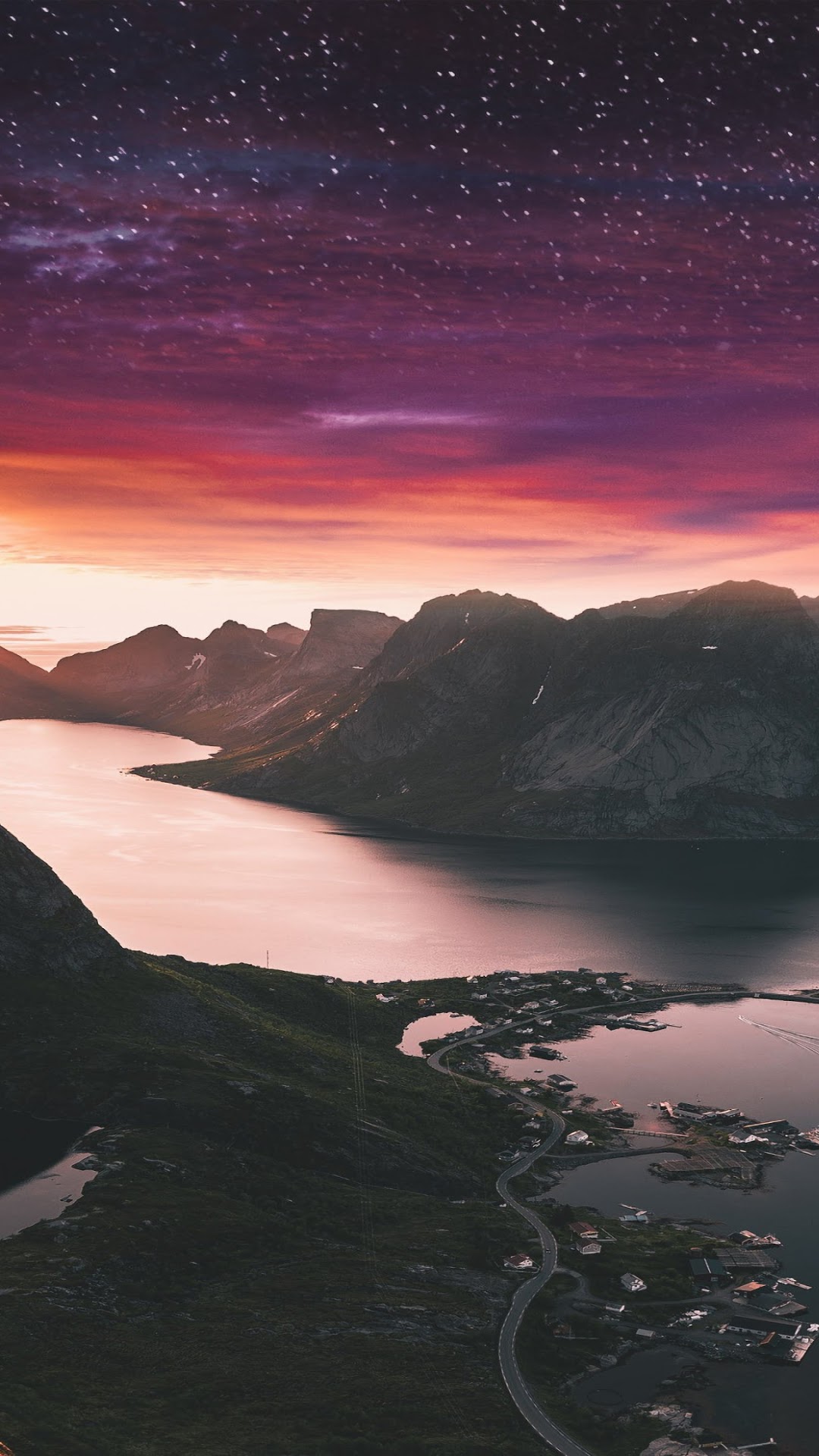 Mountain landscape with a village at sunset and starry sky HD Phone Wallpaper