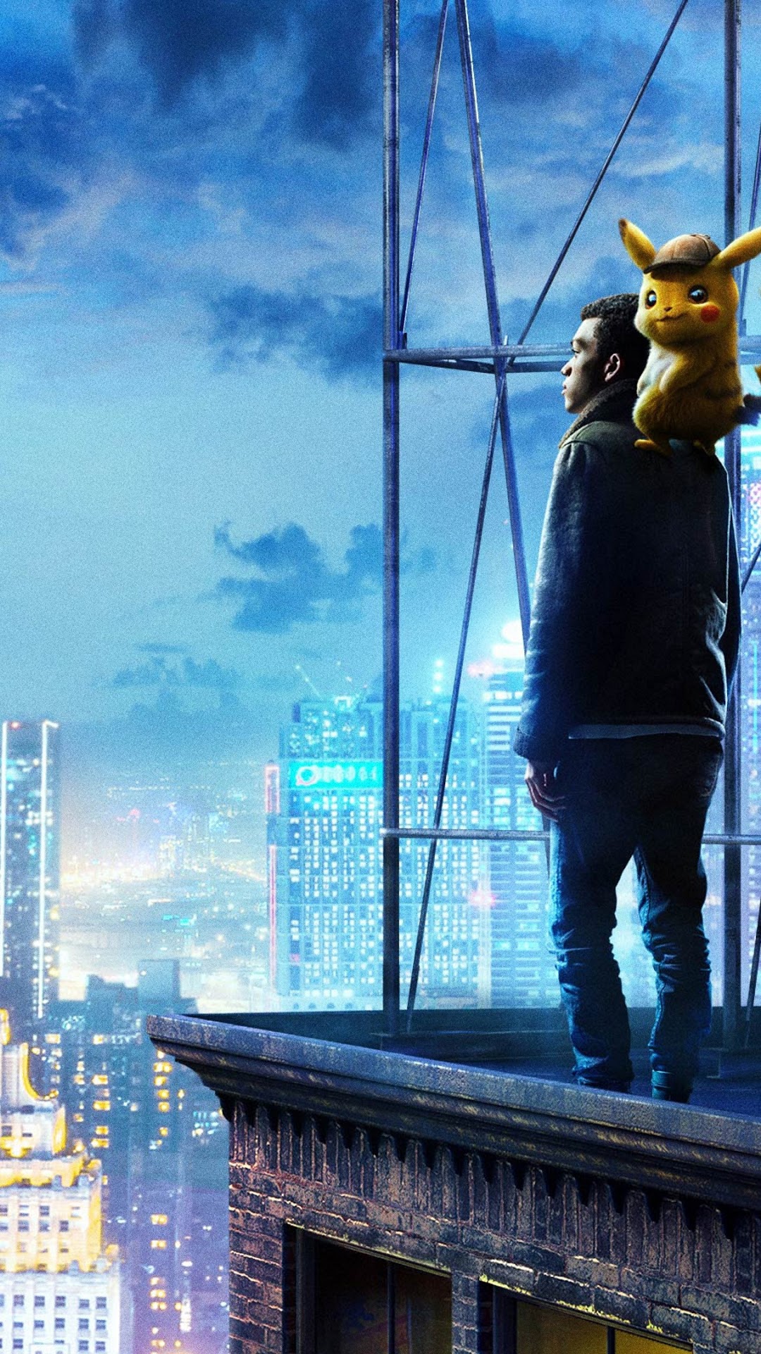Detective Pikachu and Tim Goodman on a rooftop HD Phone Wallpaper