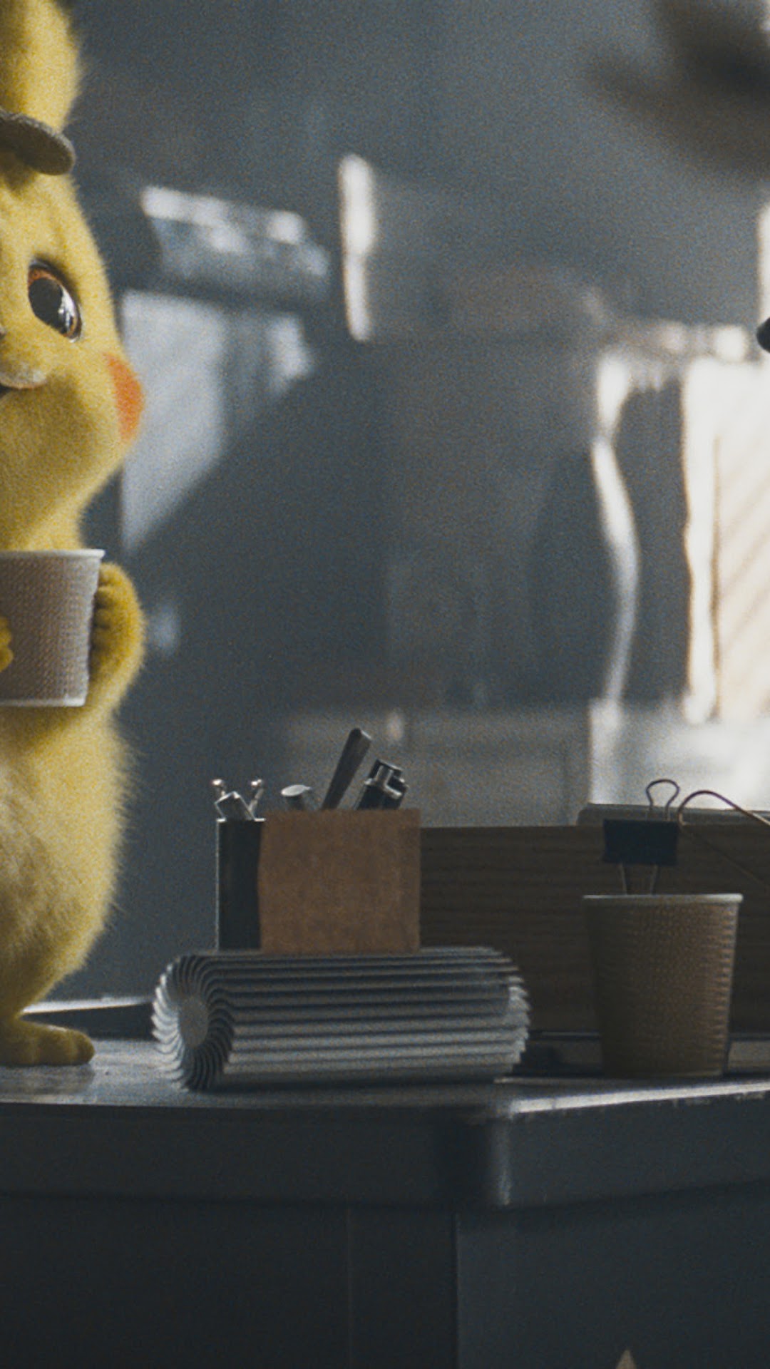 Detective Pikachu holding a cup HD Phone Wallpaper