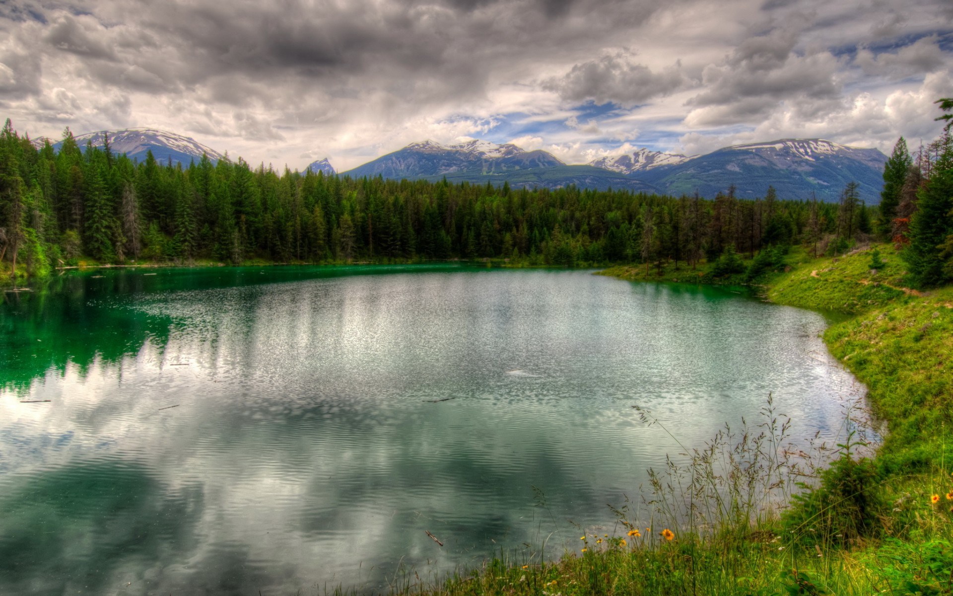 Emerald Lake with Pine Forest and Snow-Capped Mountains HD Wallpaper