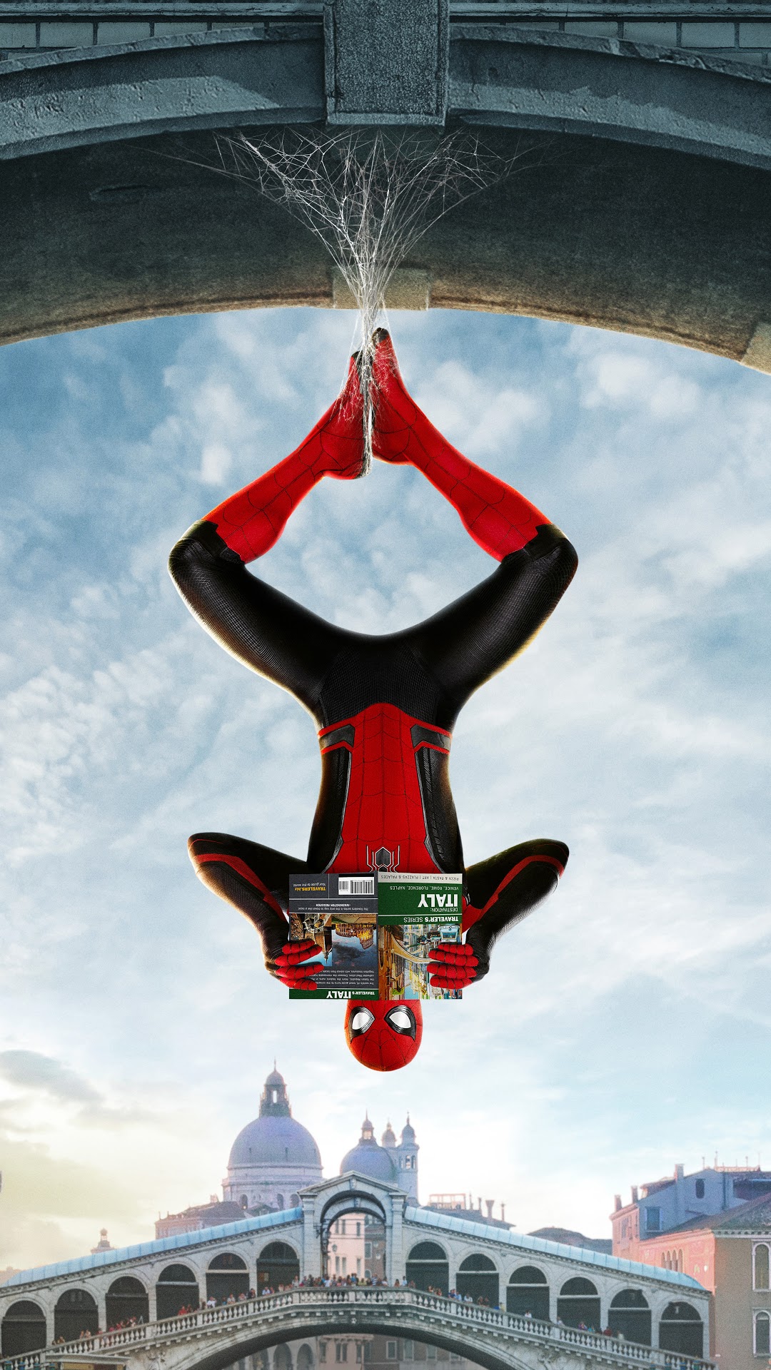 Spider-Man from Spider-Man: Far From Home reading a travel guide HD Phone Wallpaper