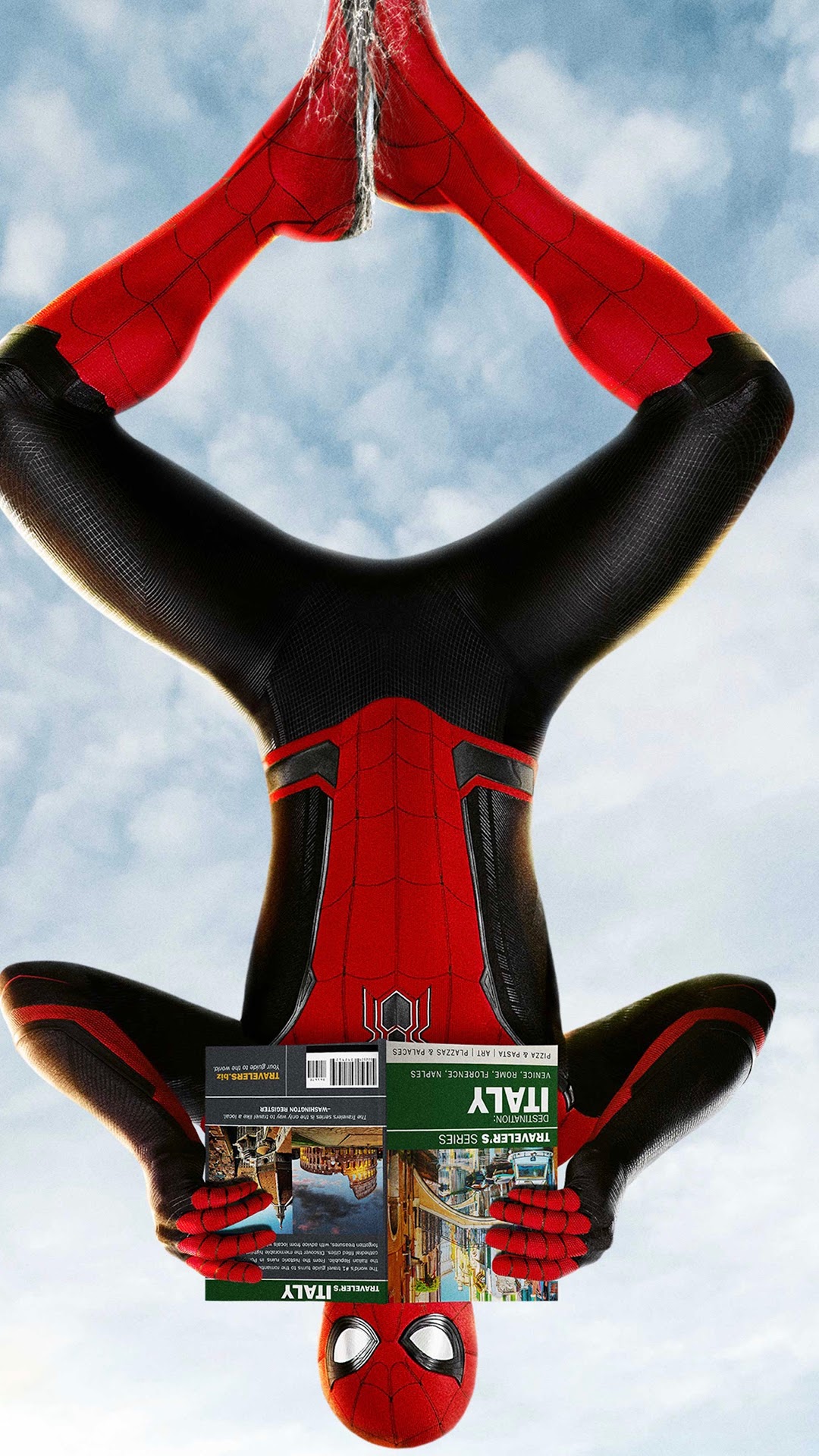 Spider-Man from Spider-Man: Far From Home holding travel guides HD Phone Wallpaper