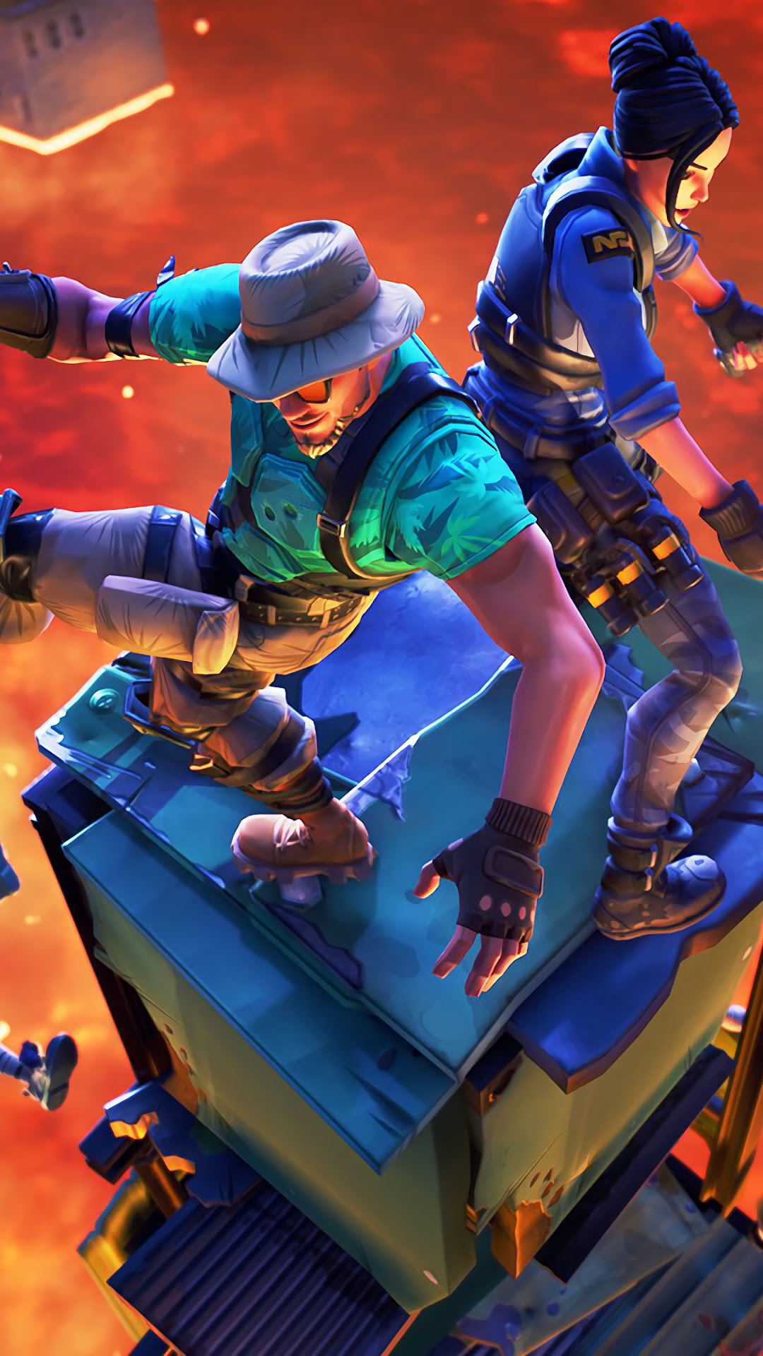 Fortnite characters on a structure with lava background HD Phone Wallpaper