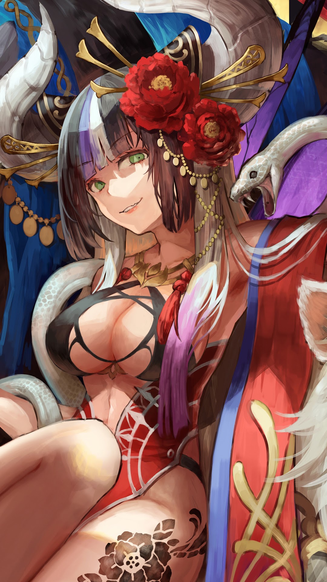 Anime girl with horns and snake HD Phone Wallpaper