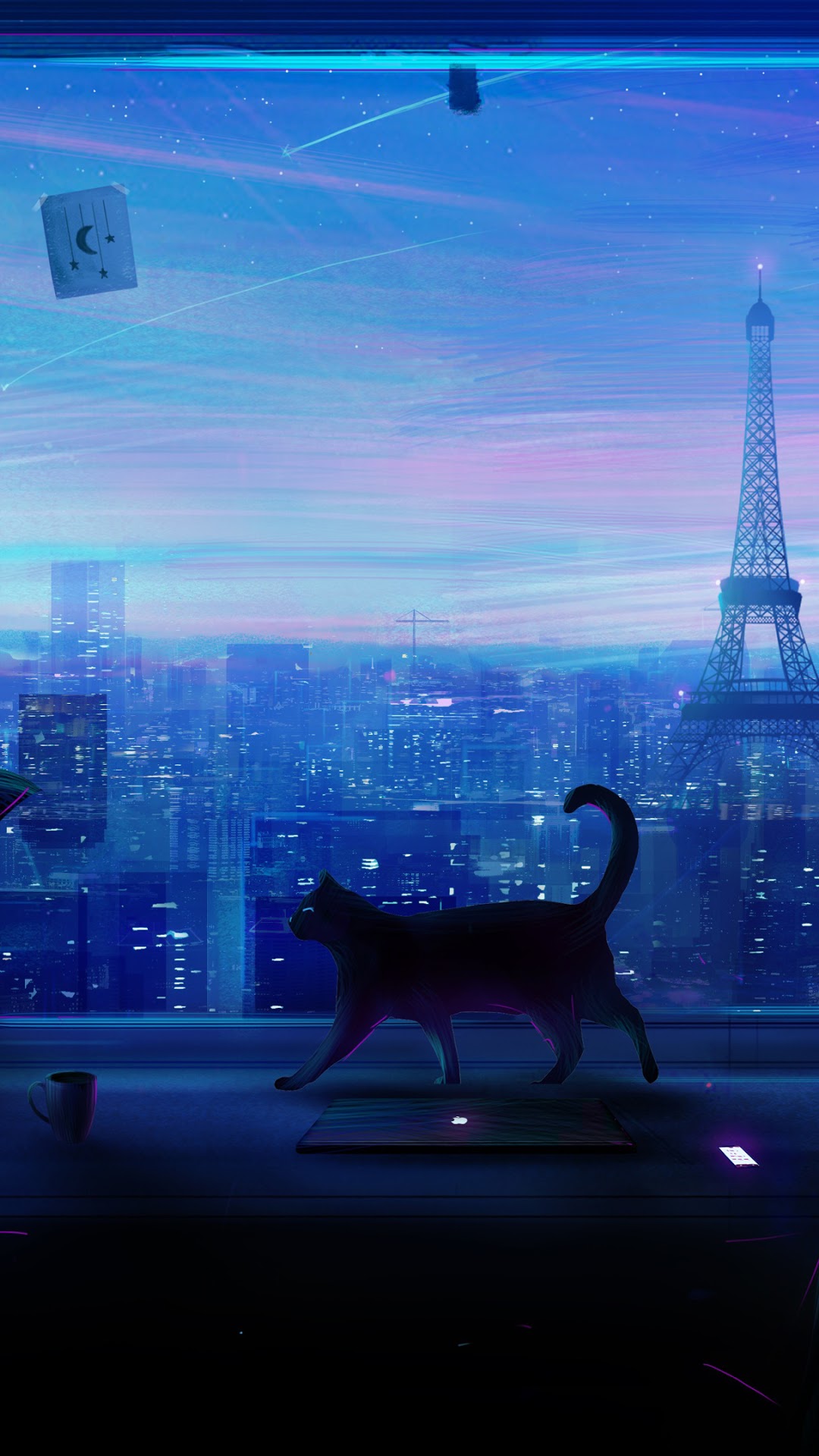 Cat overlooking Paris at night HD Phone Wallpaper