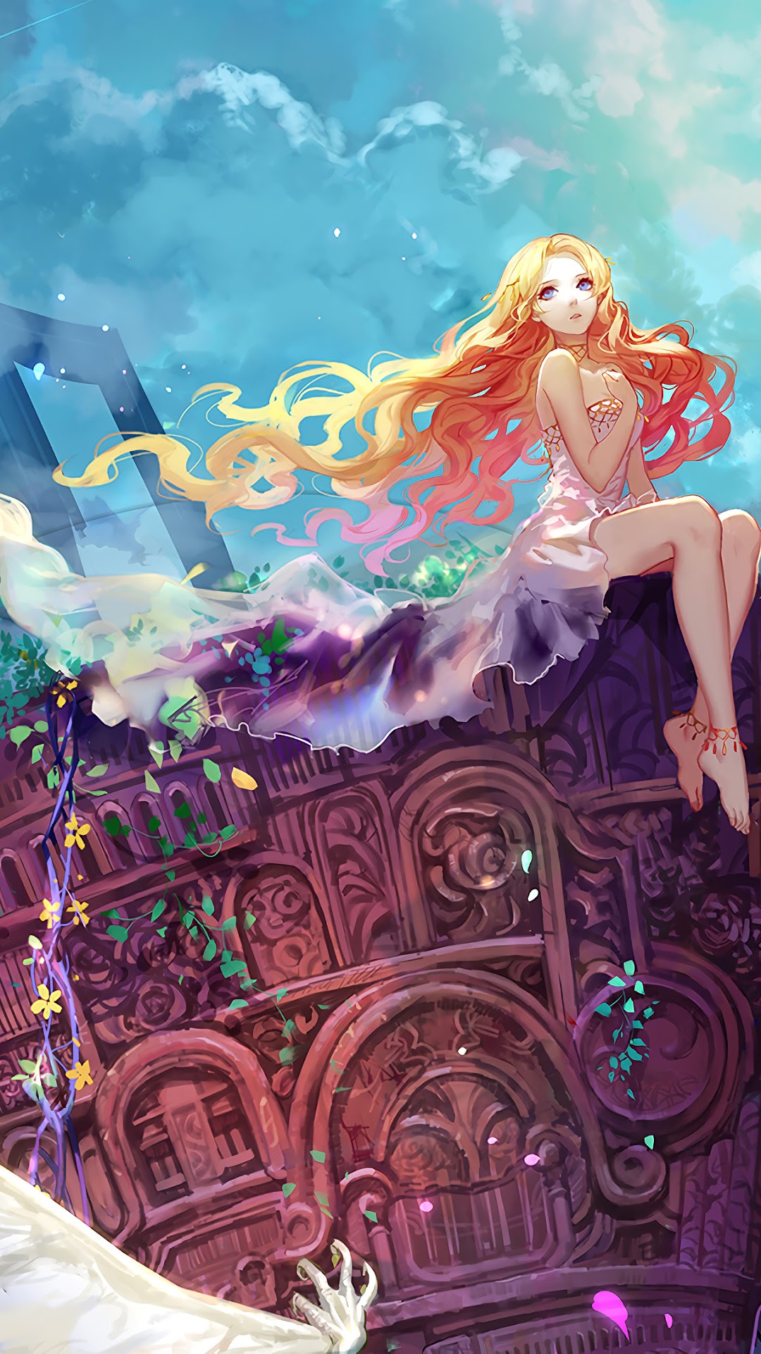 Anime girl with blonde hair sitting on ruins HD Phone Wallpaper