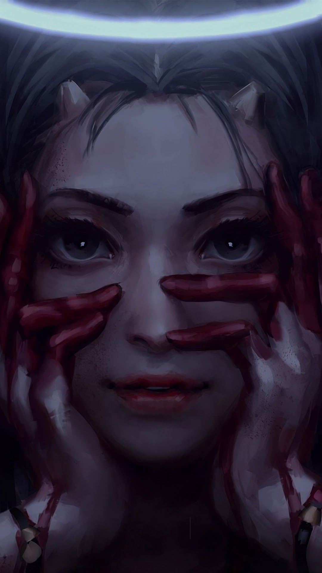 Demon girl with bloody hands and halo HD Phone Wallpaper