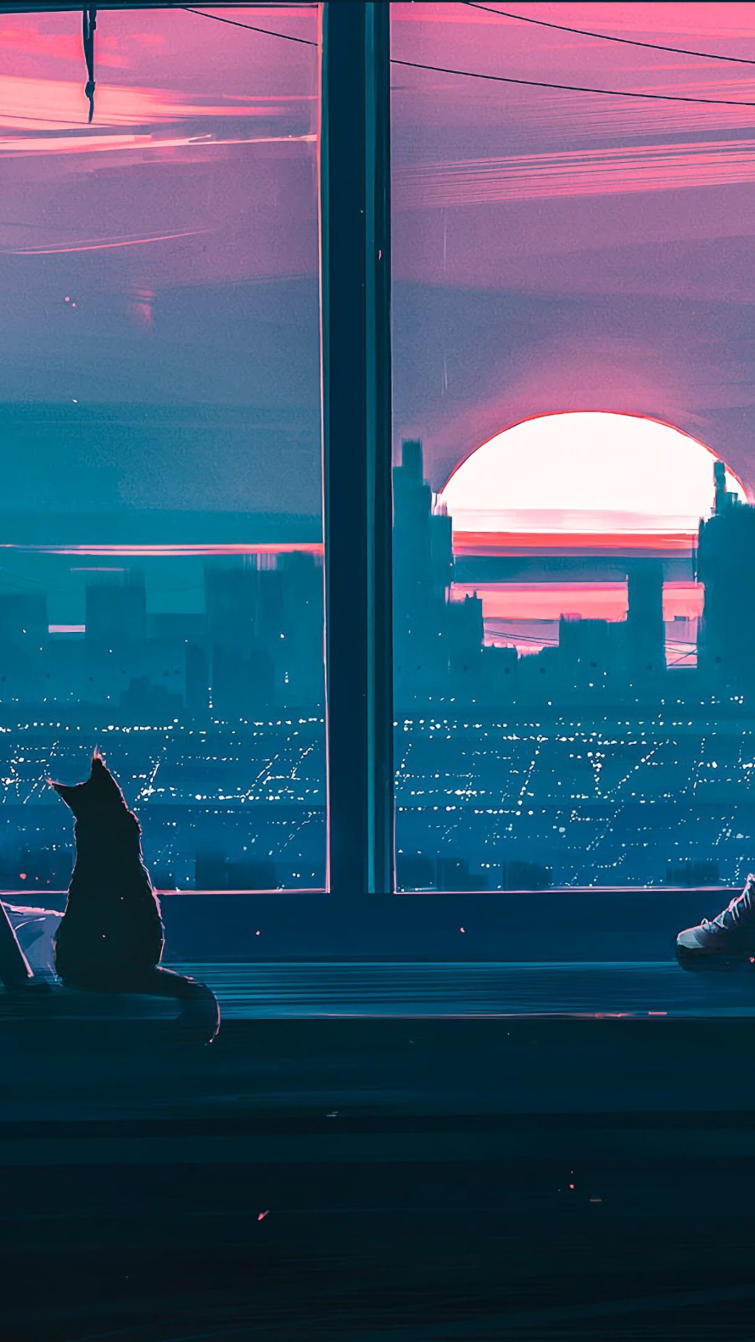 Anime cat and person watching sunset over city HD Phone Wallpaper