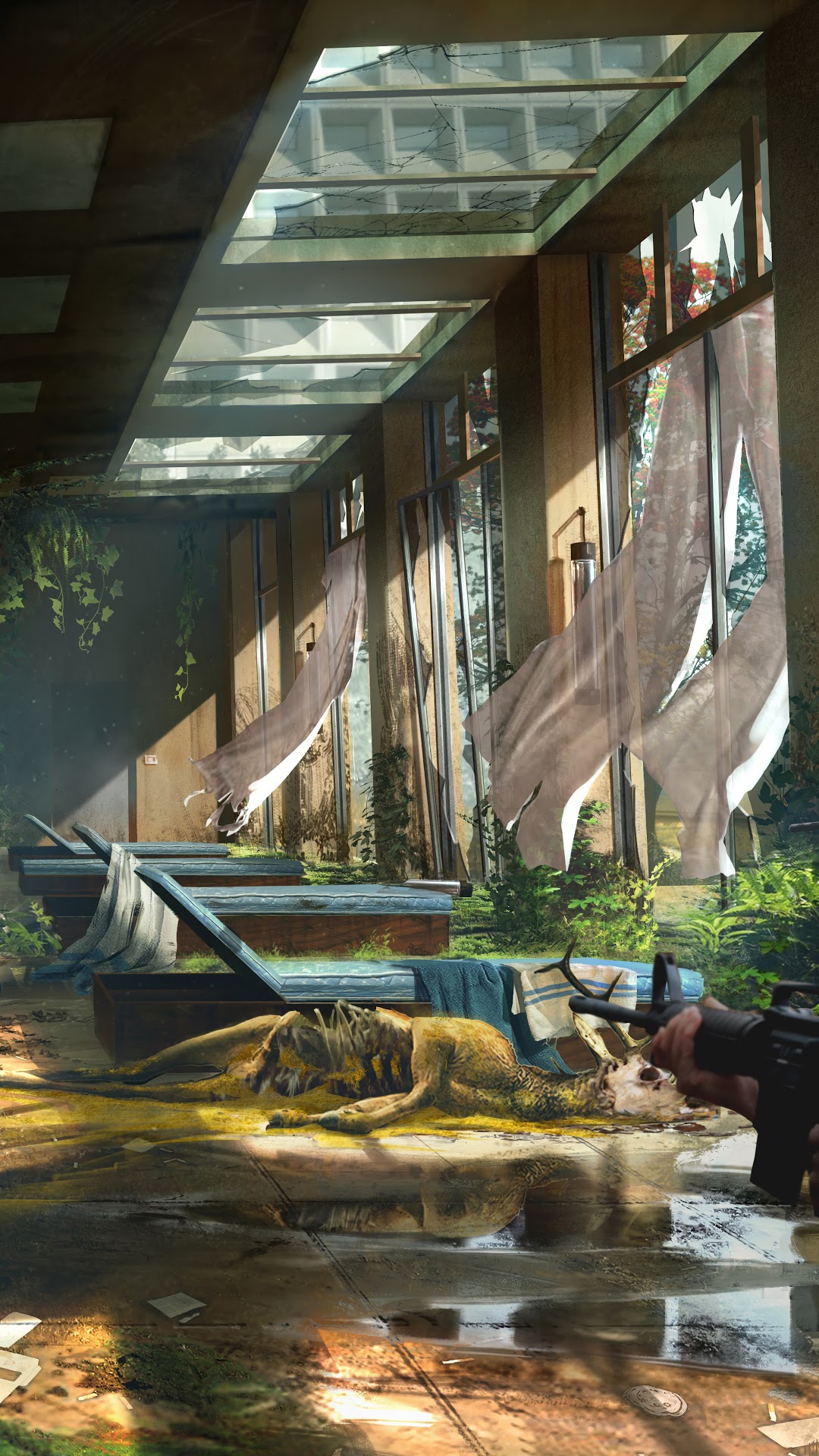 Agents in a ruined building with dead animals HD Phone Wallpaper