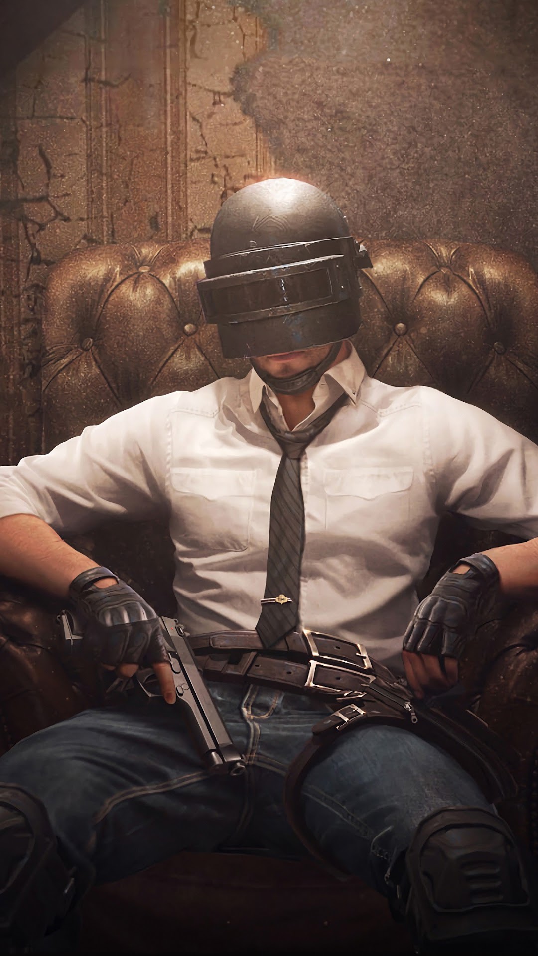 Player from PUBG sitting in a chair with a gun HD Phone Wallpaper