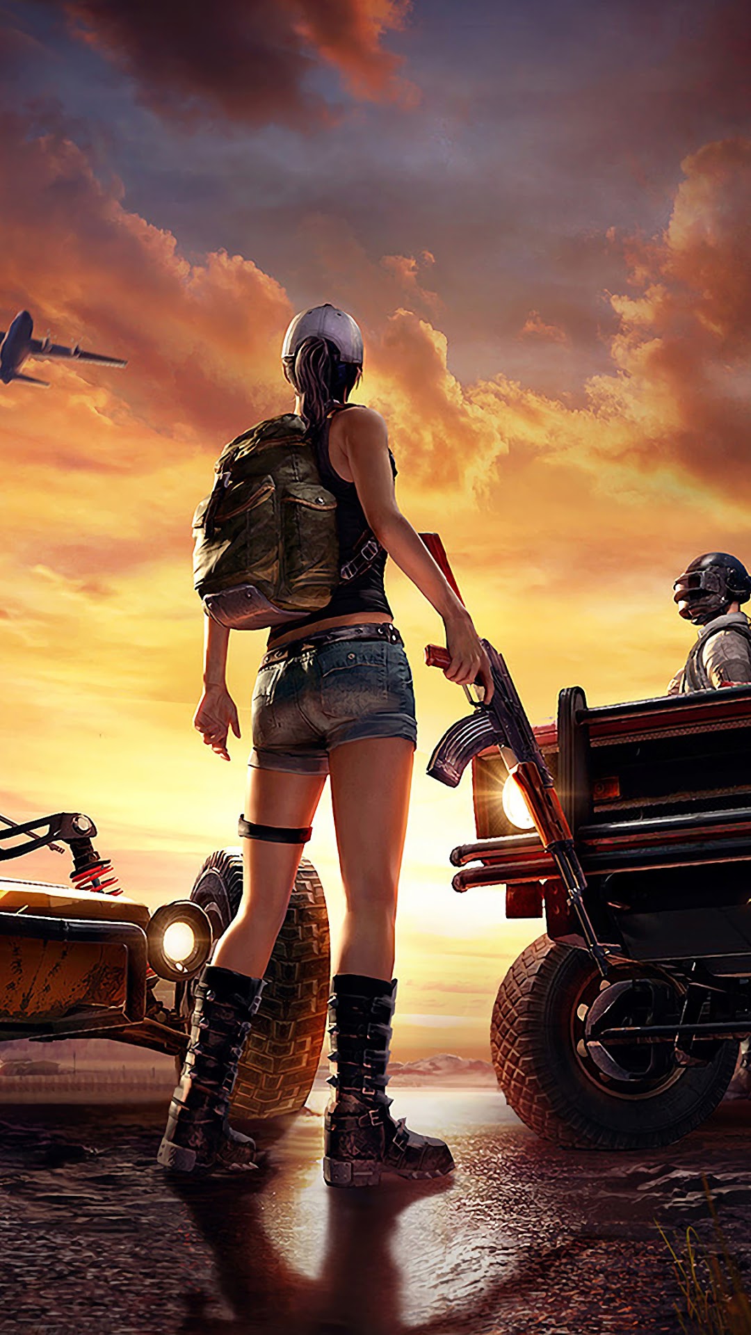 PlayerUnknown's Battlegrounds character with rifle and vehicle HD Phone Wallpaper