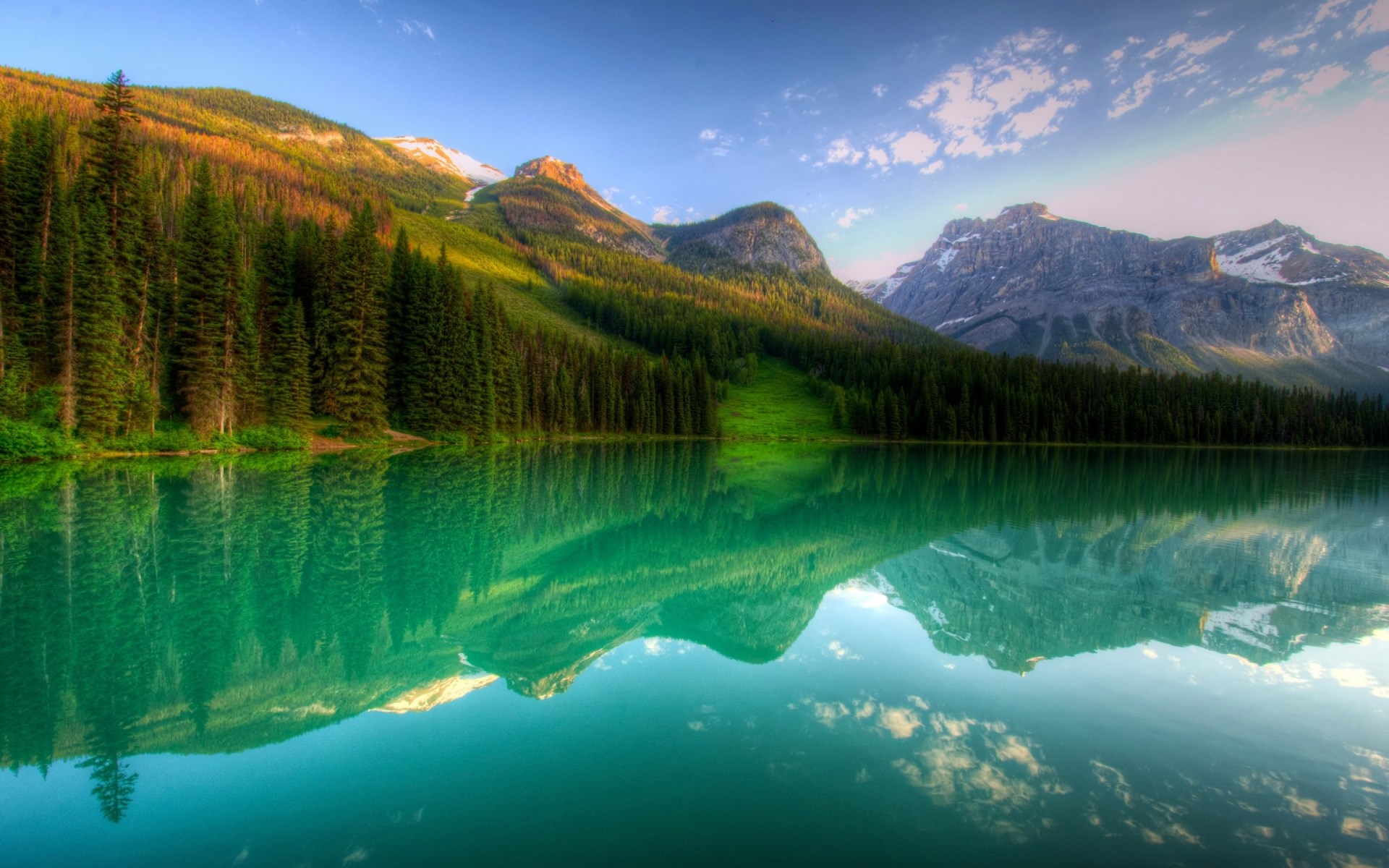 Emerald Lake with Mountains and Forest Reflection HD Wallpaper