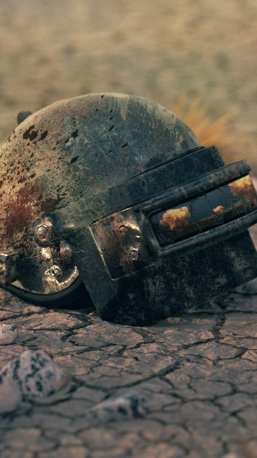 PUBG Level 3 Helmet on Cracked Ground HD Phone Wallpaper