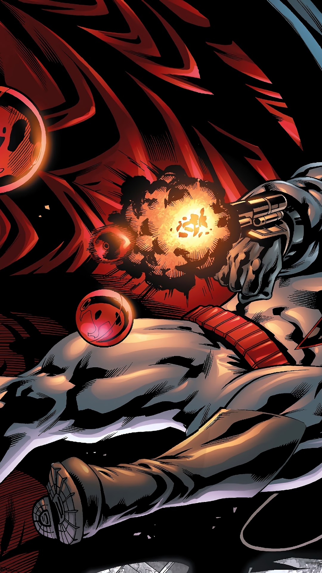 Batman firing a gun with red orbs HD Phone Wallpaper
