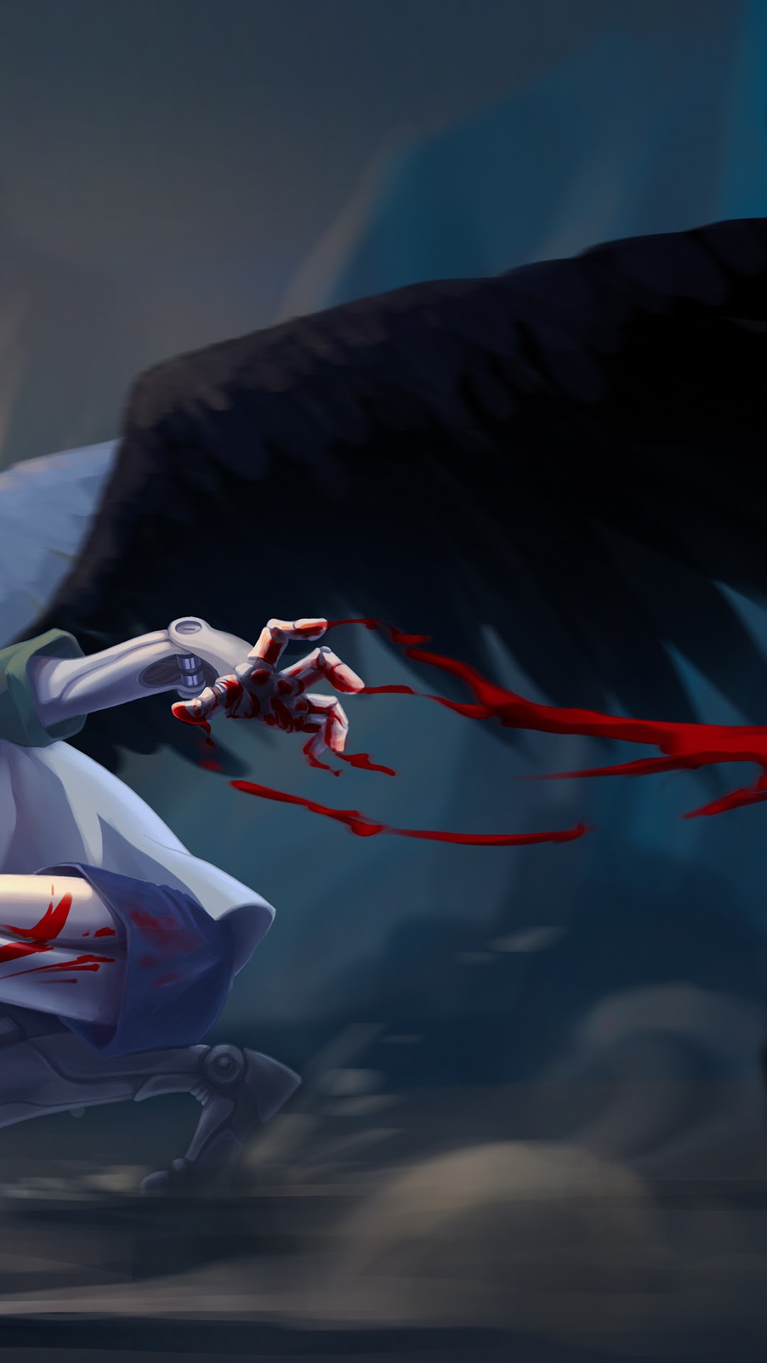Alita: Battle Angel cyborg with black wings and blood HD Phone Wallpaper