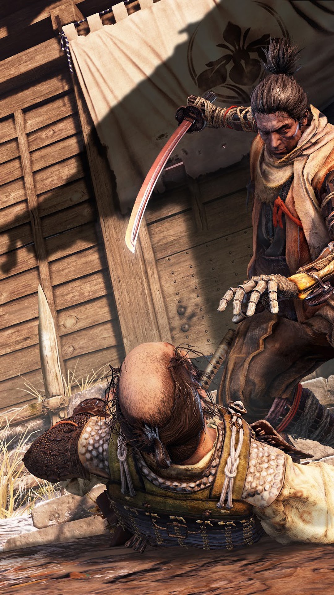 Sekiro: Shadows Die Twice - Warrior attacking downed opponent HD Phone Wallpaper